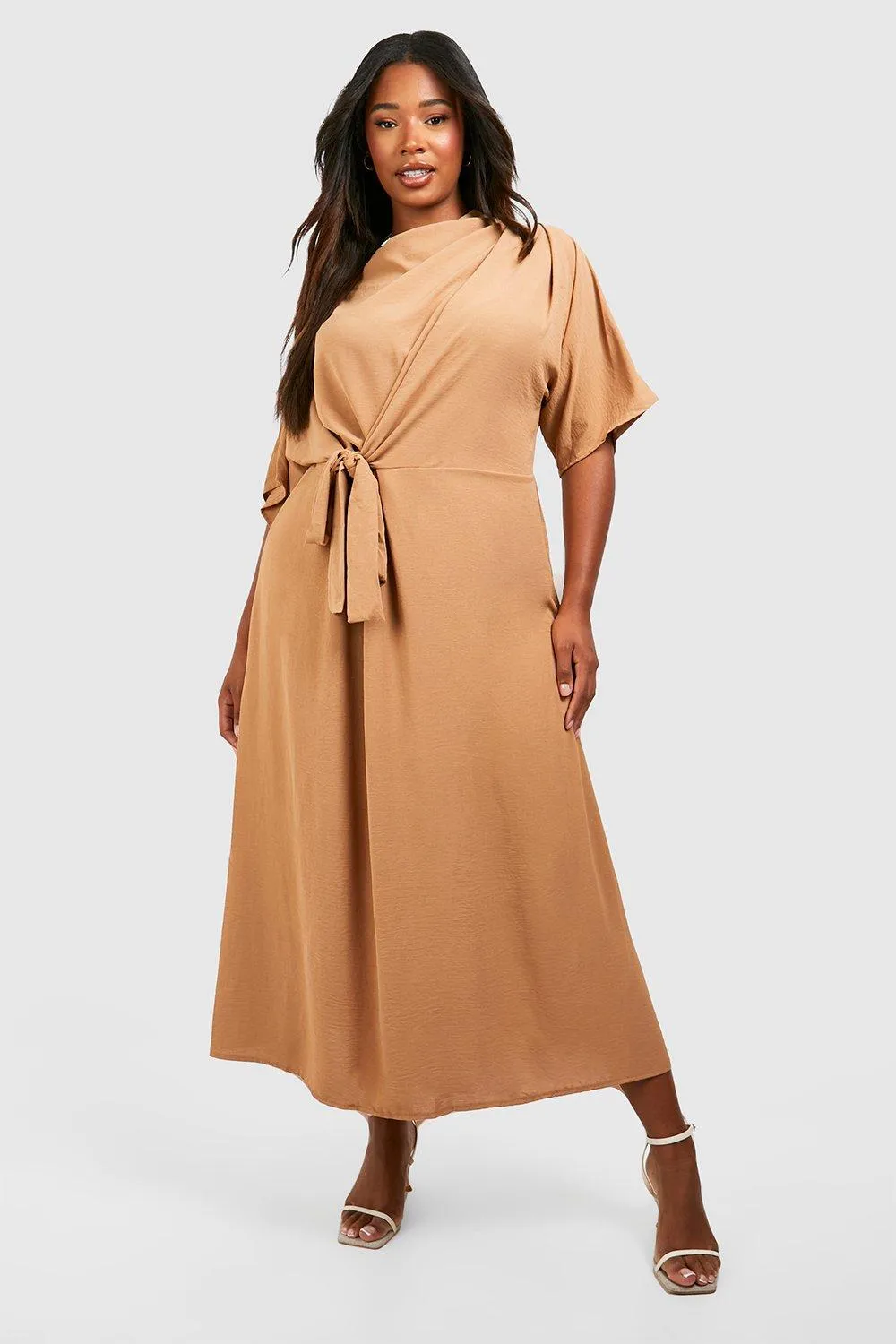 Plus Textured Knot Front Cowl Neck Midi Dress