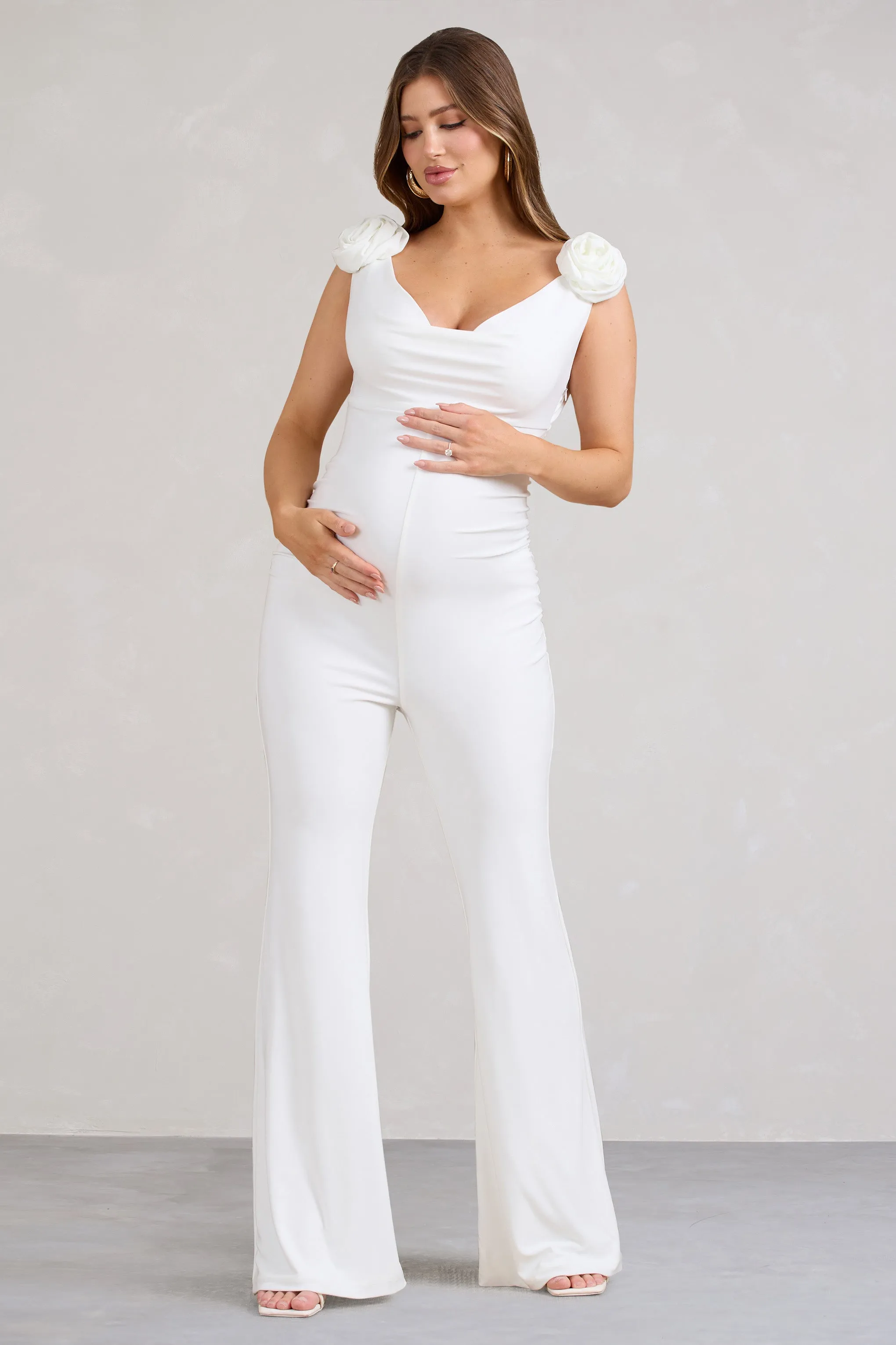 Posy | White Maternity Cowl Jumpsuit With Flower Design