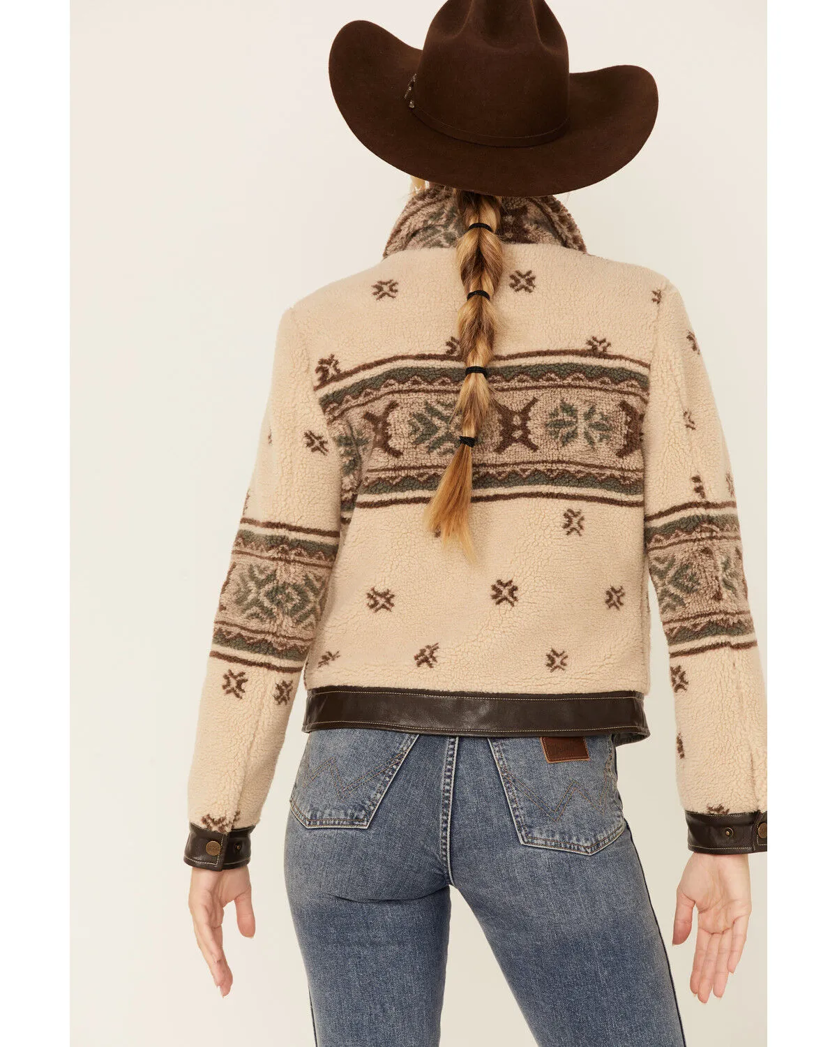 Product Name:  Wrangler Women's Tan Shearling & Stamped Leather Southwestern Jacket