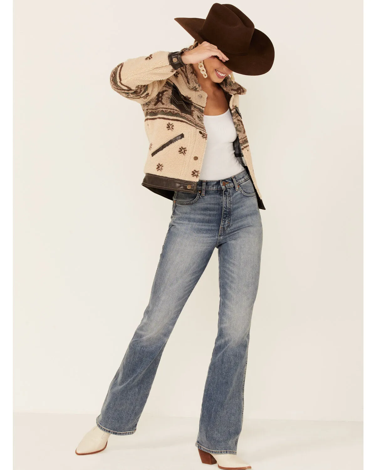 Product Name:  Wrangler Women's Tan Shearling & Stamped Leather Southwestern Jacket