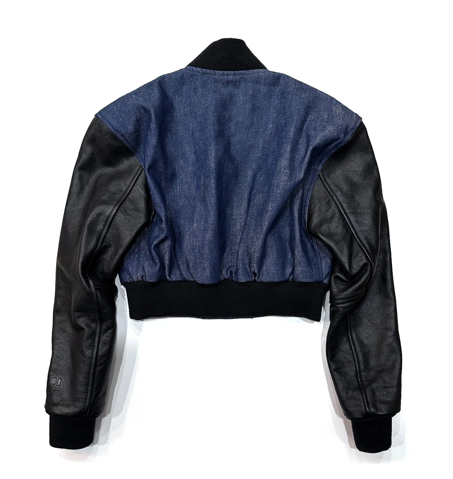 Raw Denim Bomber Jacket with Leather Sleeves