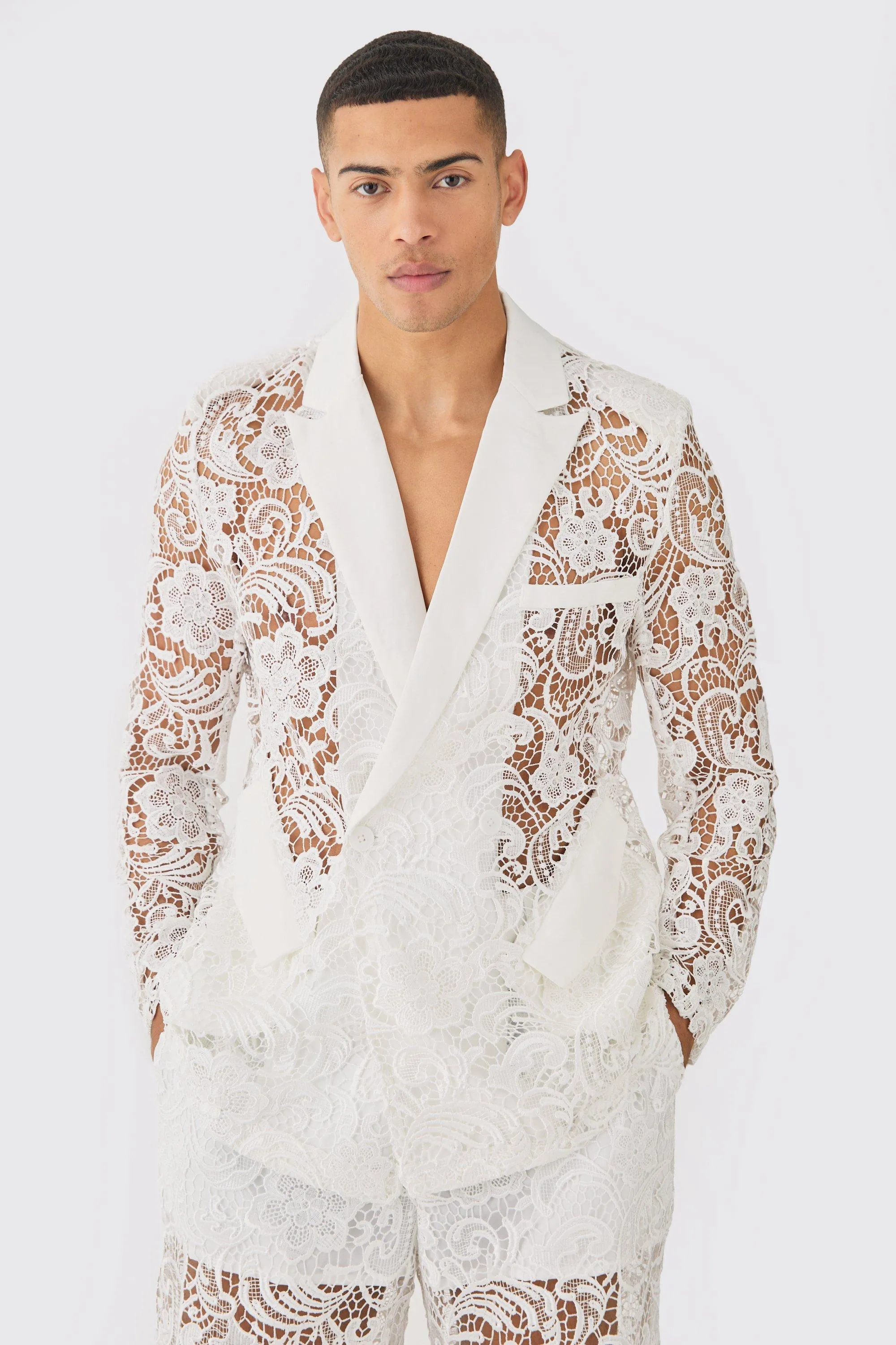 Relaxed Fit Double Breasted Lace Blazer