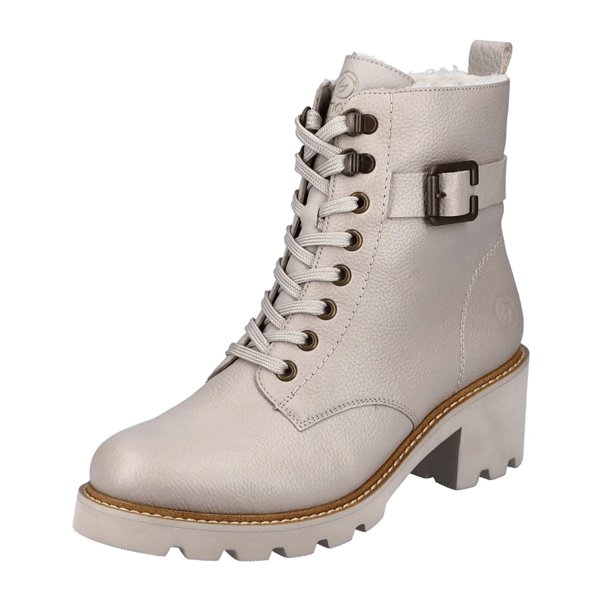 Remonte Beige Biker Boots for Women Genuine Leather with Block Heel and Zipper