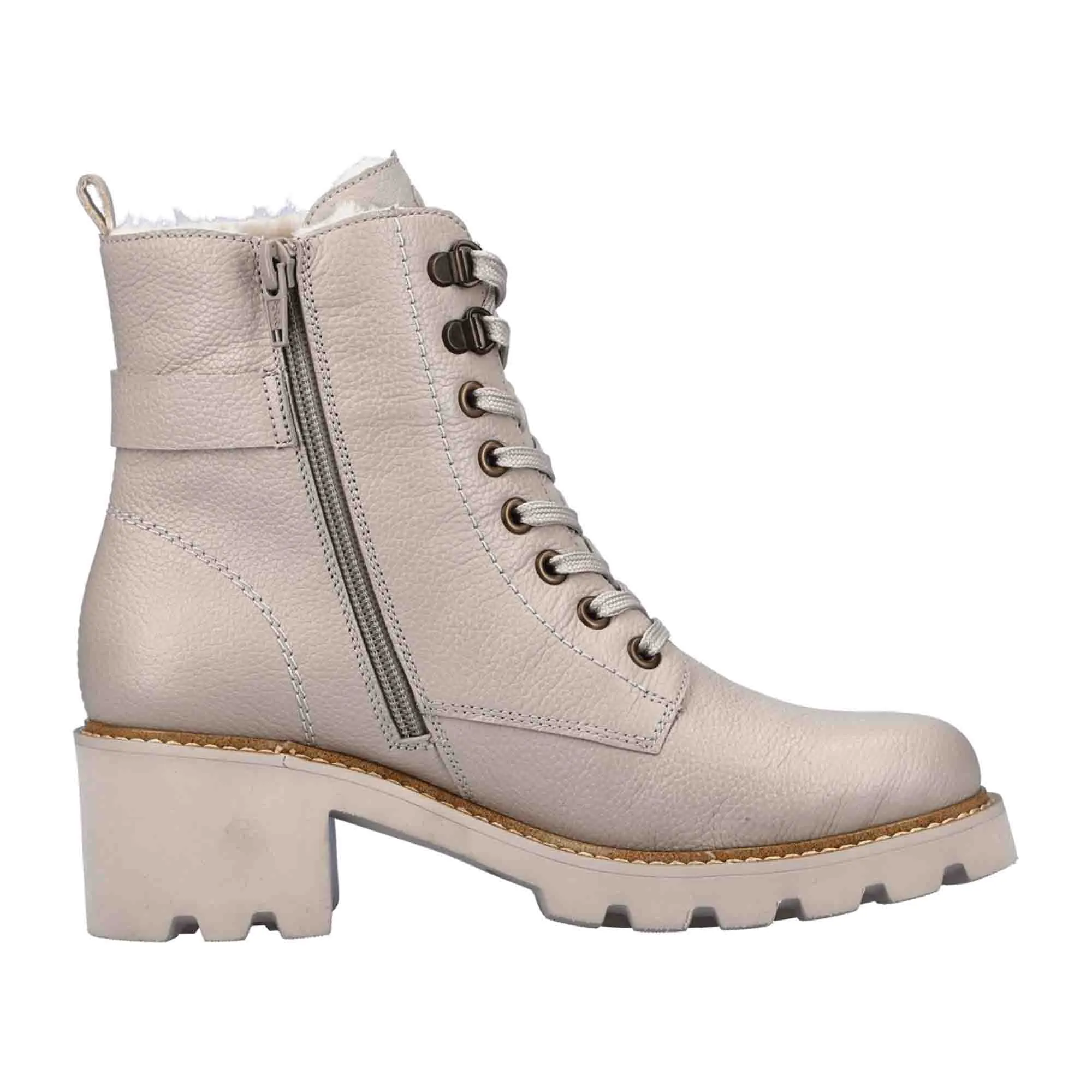 Remonte Beige Biker Boots for Women Genuine Leather with Block Heel and Zipper