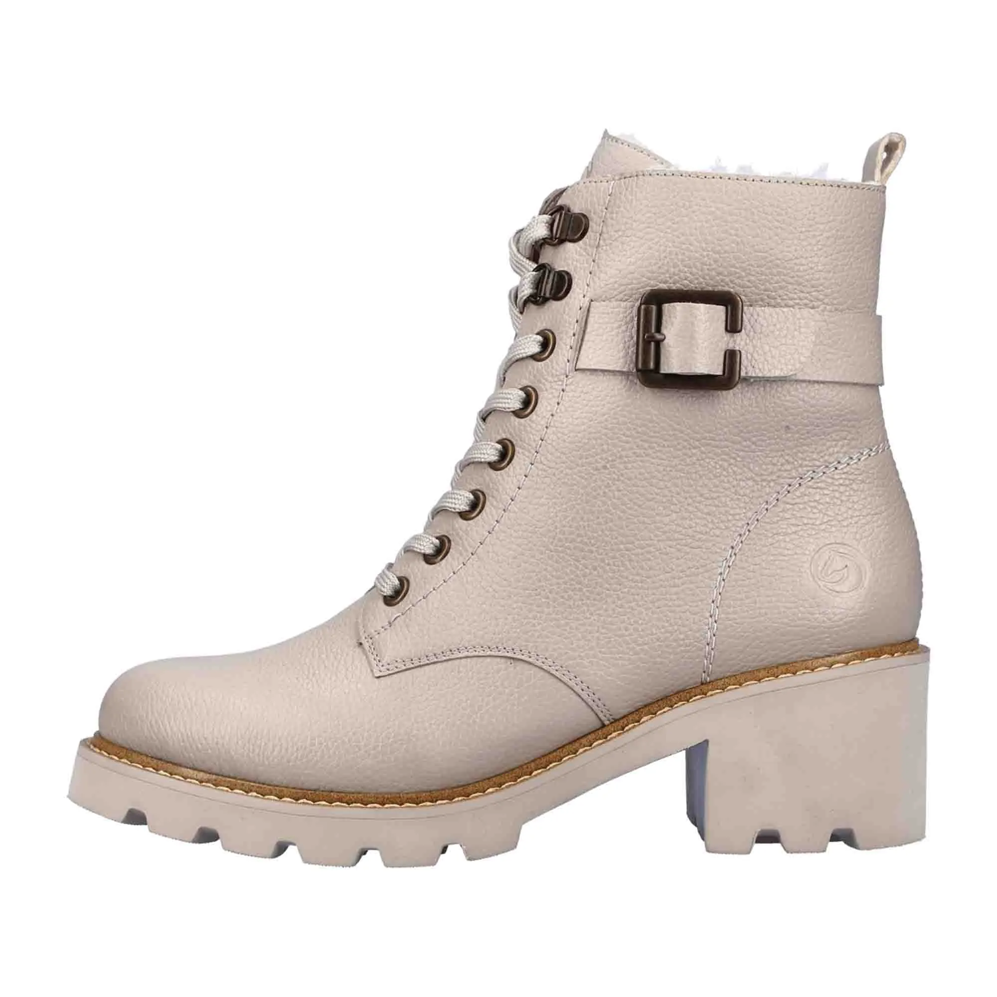 Remonte Beige Biker Boots for Women Genuine Leather with Block Heel and Zipper