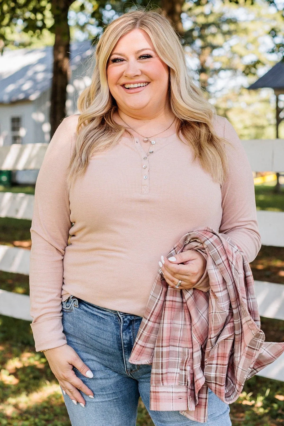 Rise To The Top Long Sleeve Henley Top- Beige