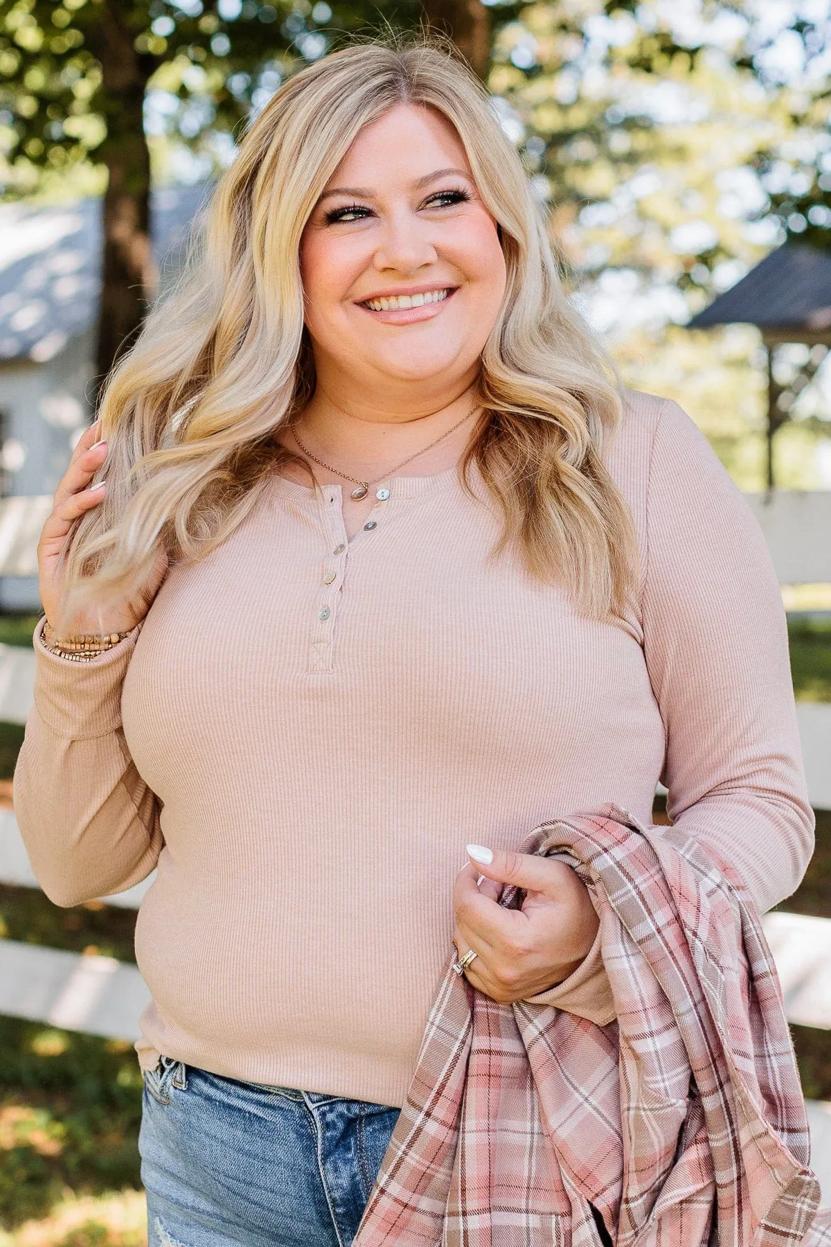 Rise To The Top Long Sleeve Henley Top- Beige