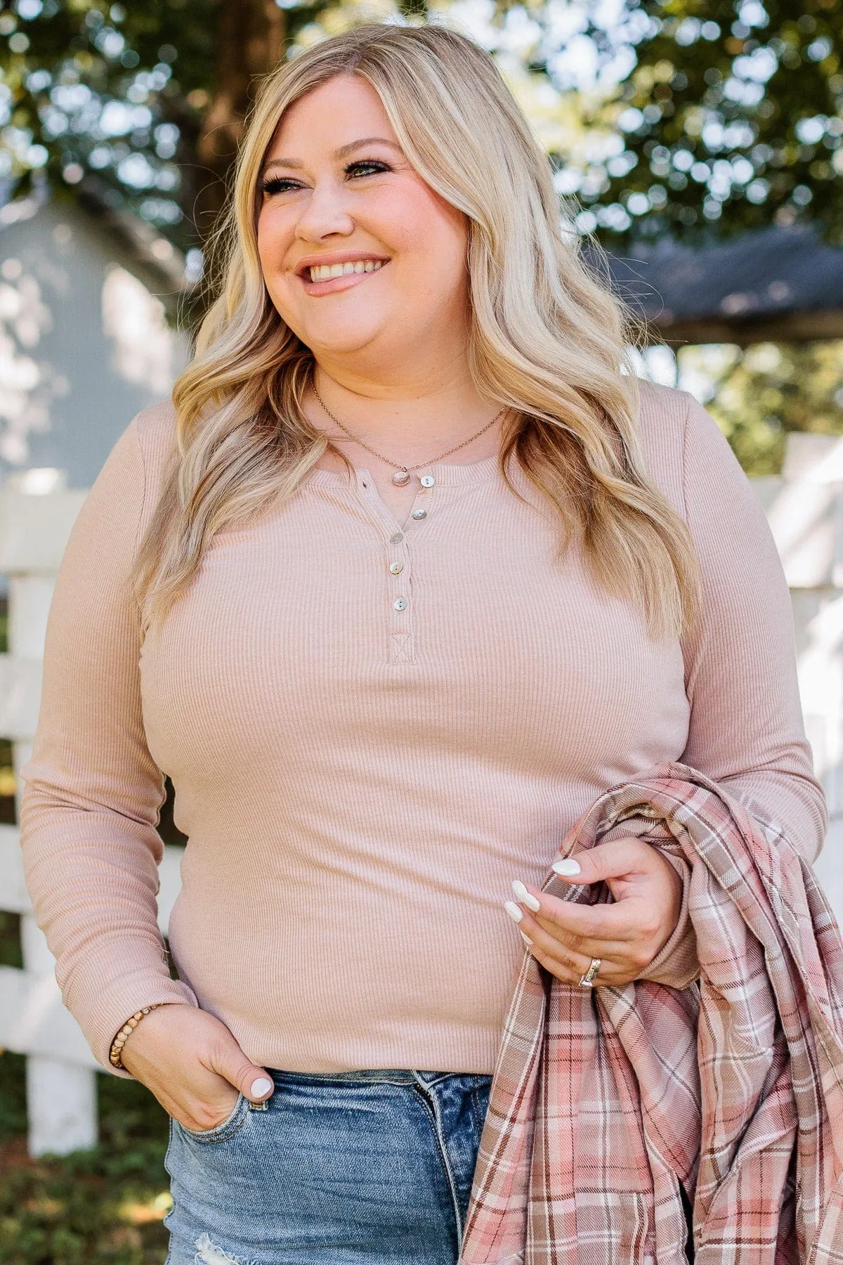 Rise To The Top Long Sleeve Henley Top- Beige