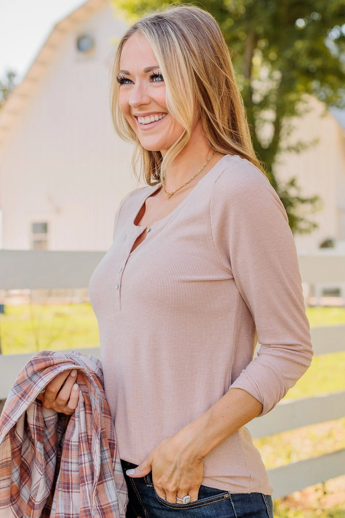 Rise To The Top Long Sleeve Henley Top- Beige