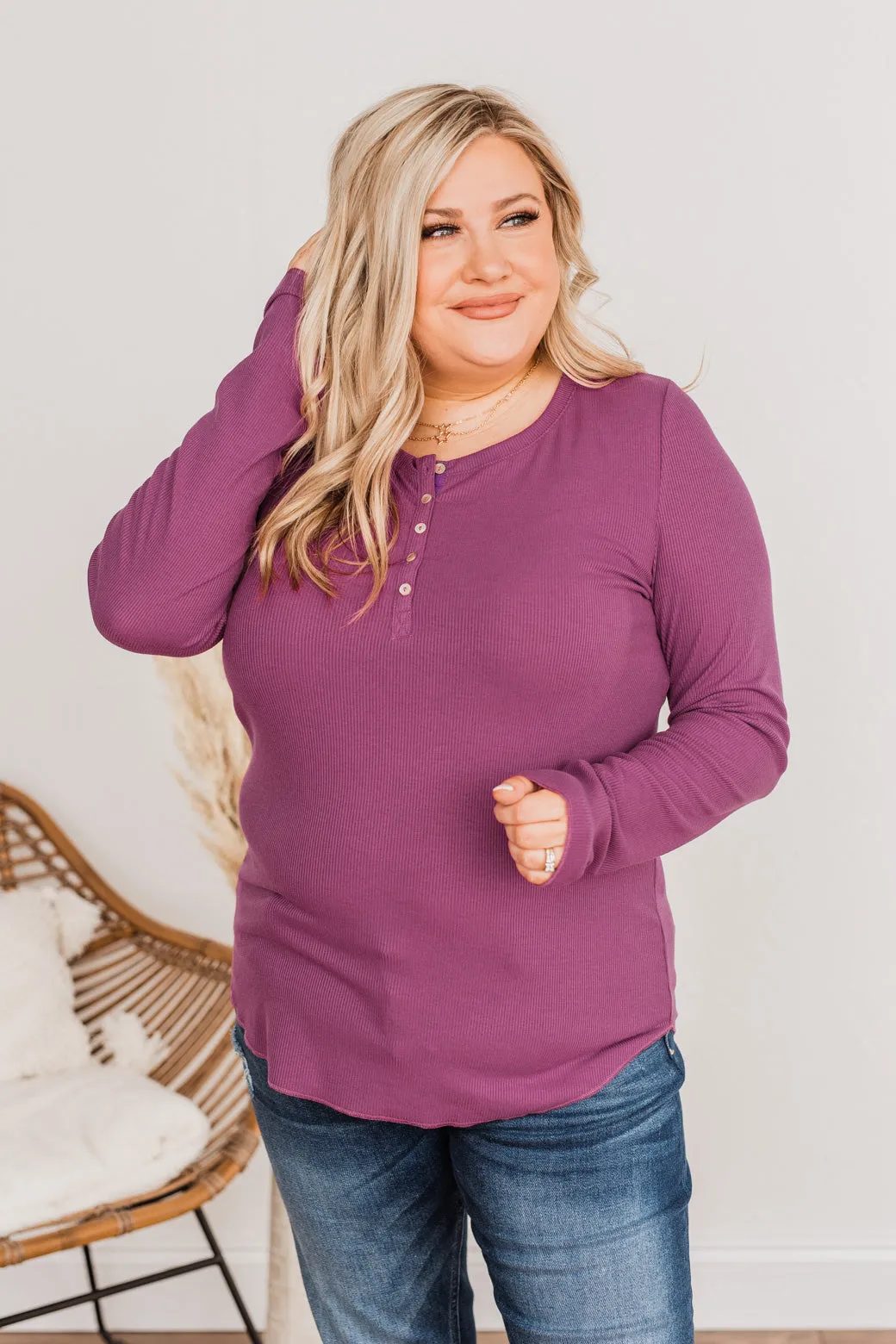 Rise To The Top Long Sleeve Henley Top- Deep Purple