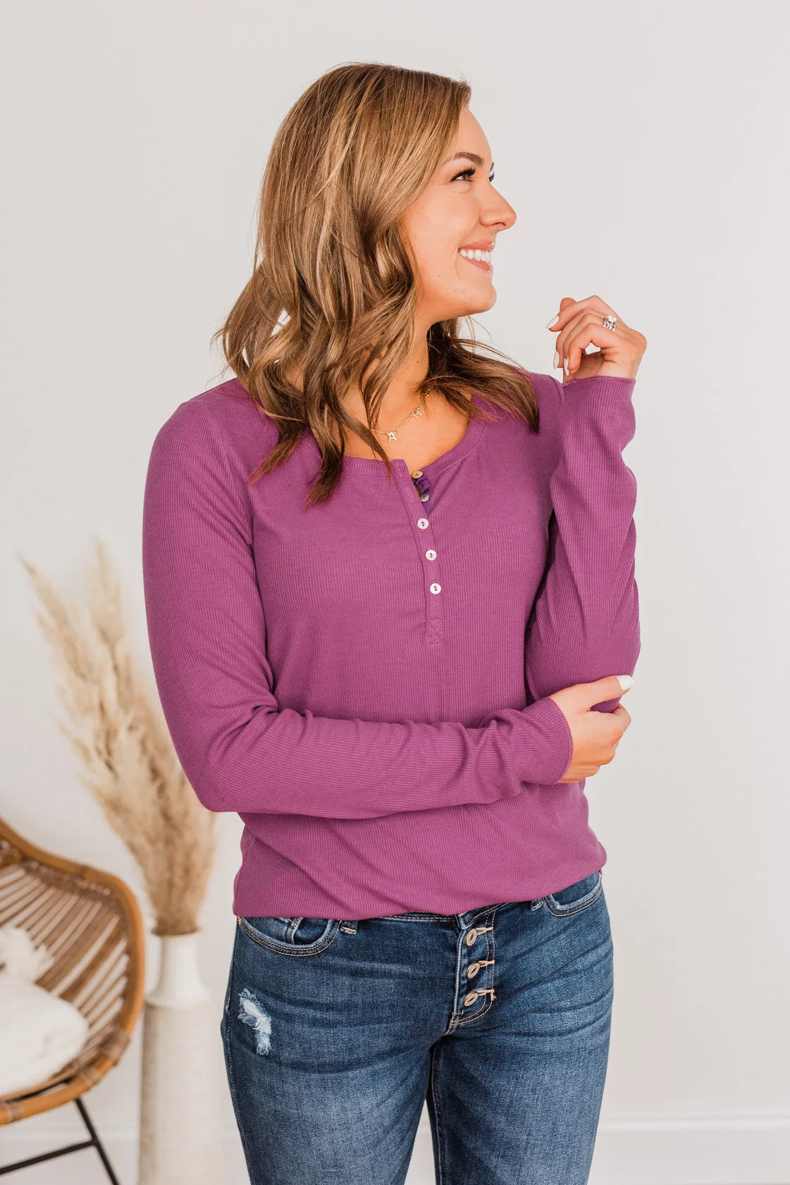 Rise To The Top Long Sleeve Henley Top- Deep Purple