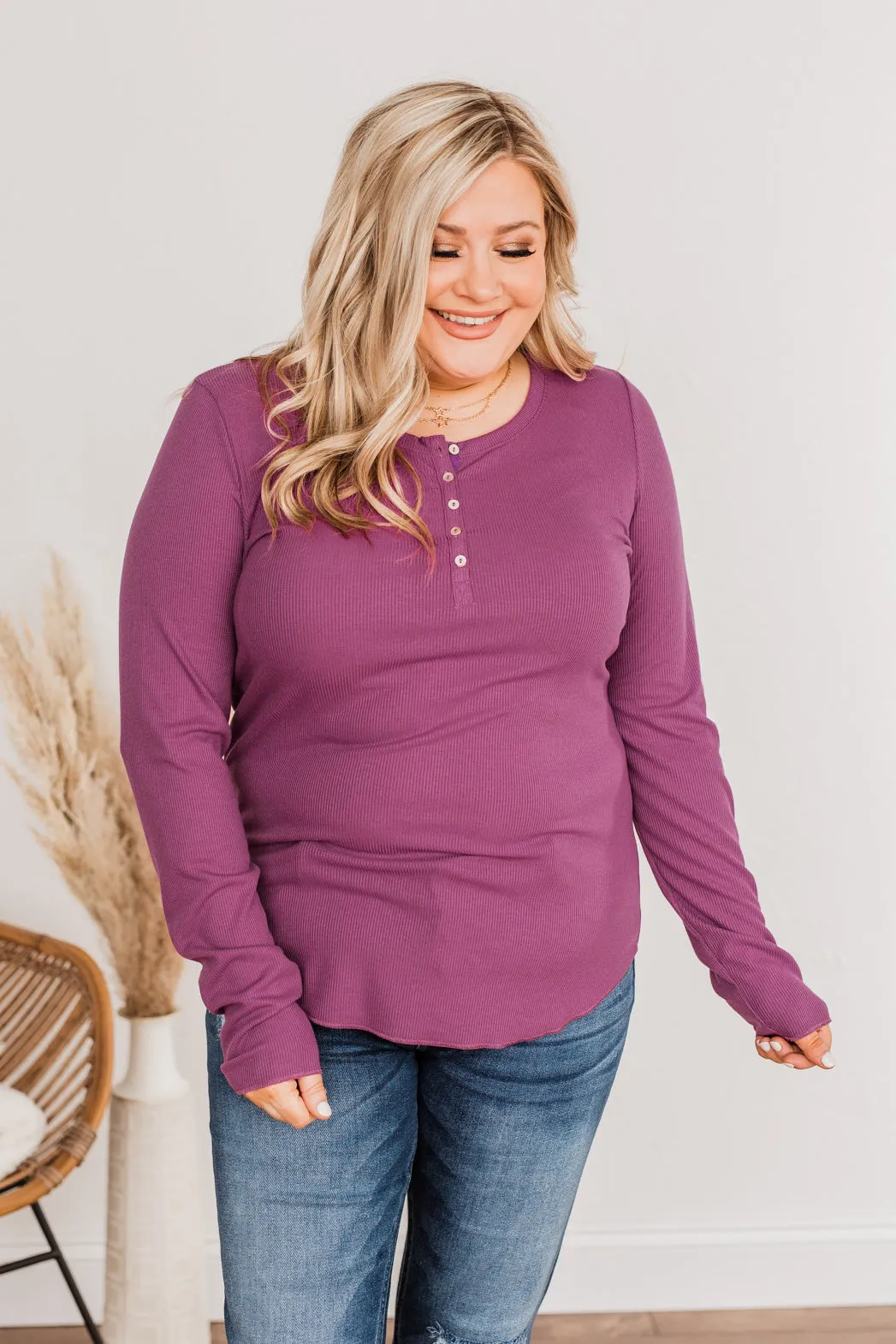 Rise To The Top Long Sleeve Henley Top- Deep Purple