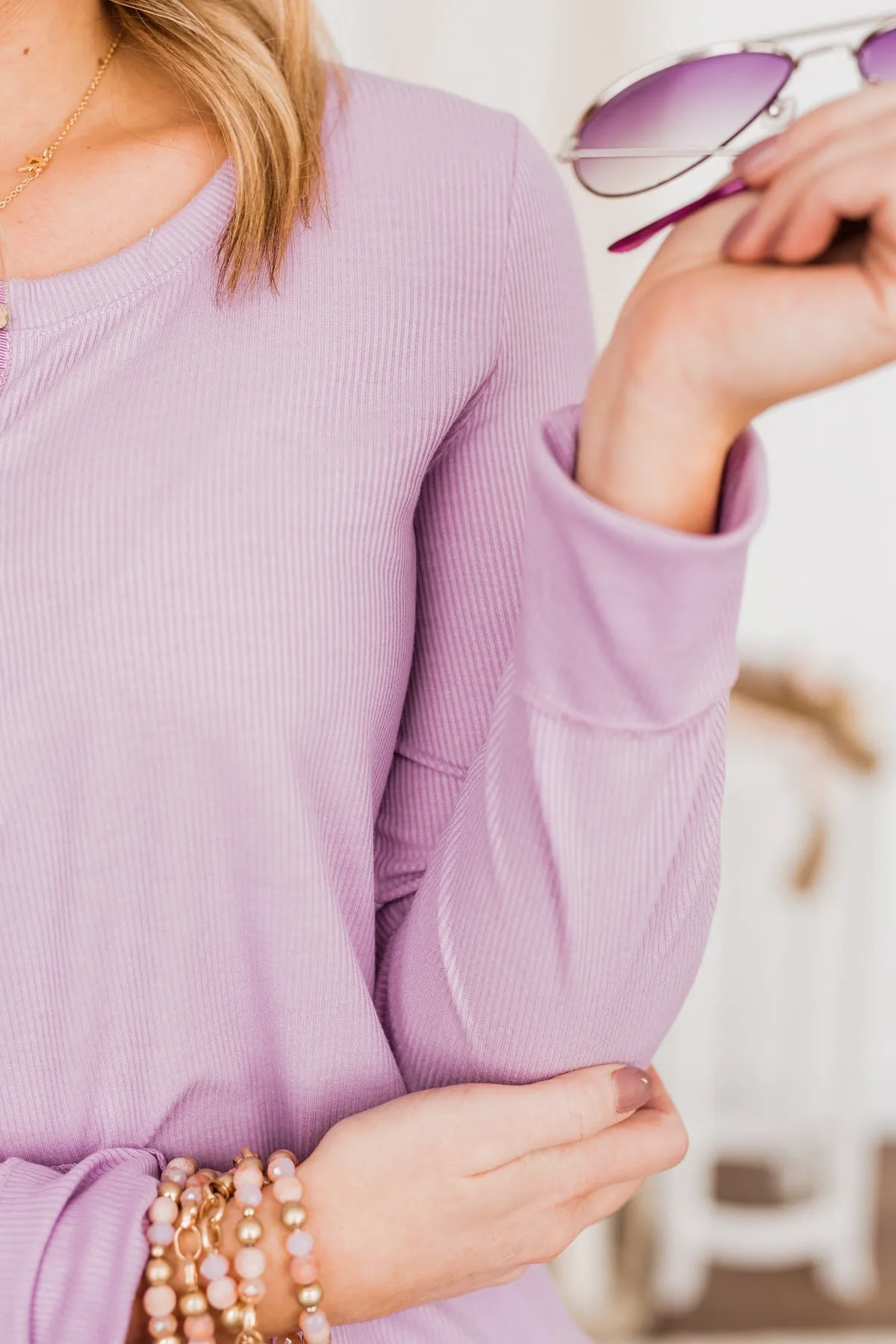 Rise To The Top Long Sleeve Henley Top- Lavender