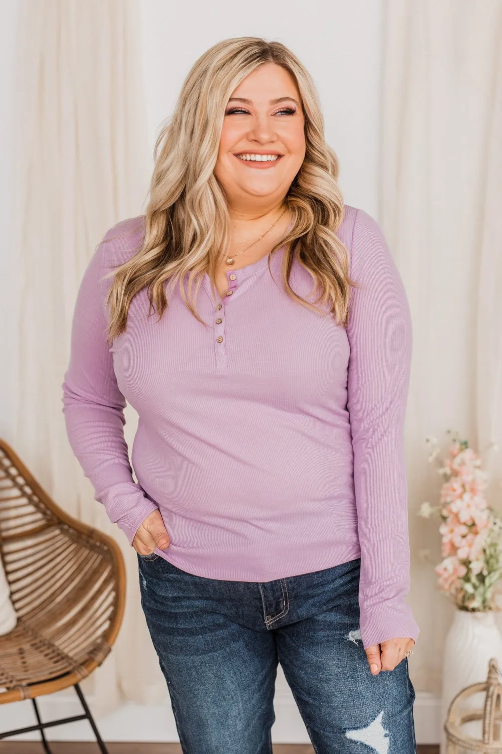 Rise To The Top Long Sleeve Henley Top- Lavender