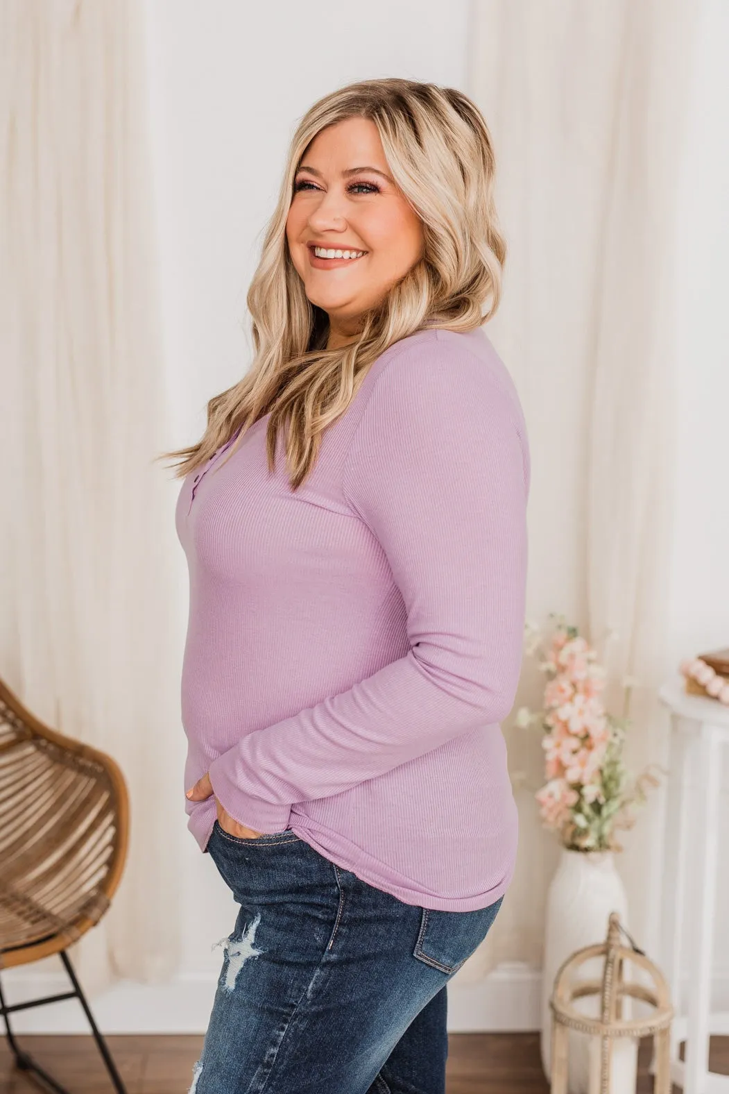 Rise To The Top Long Sleeve Henley Top- Lavender