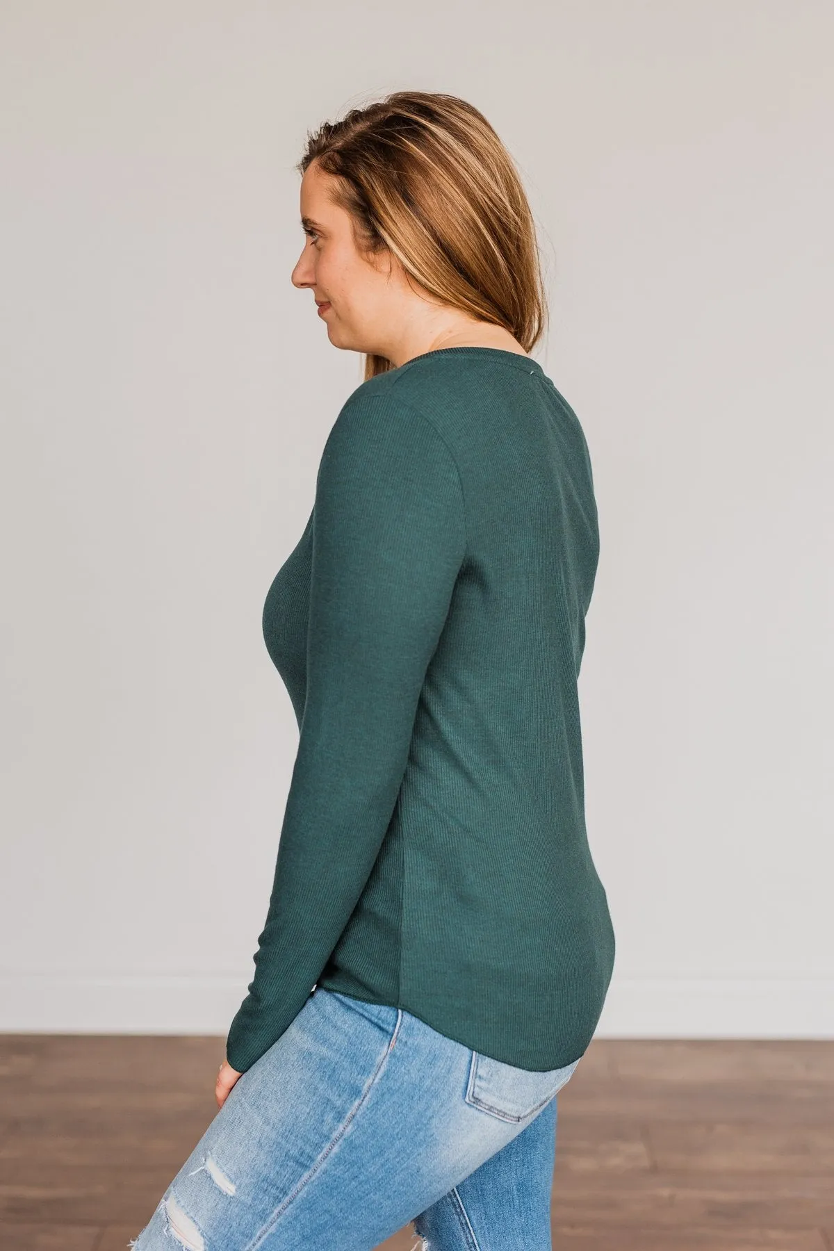 Rise To The Top Long Sleeve Henley Top- Wintergreen