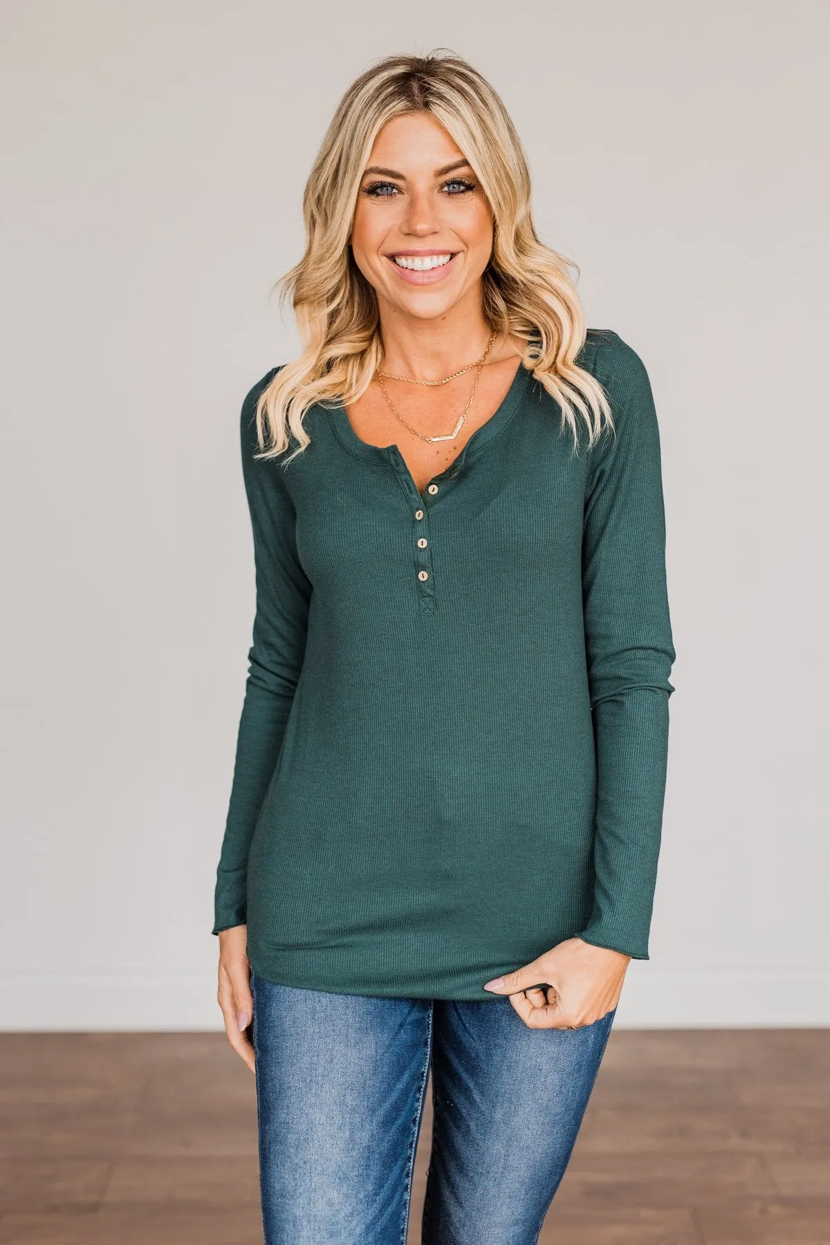 Rise To The Top Long Sleeve Henley Top- Wintergreen