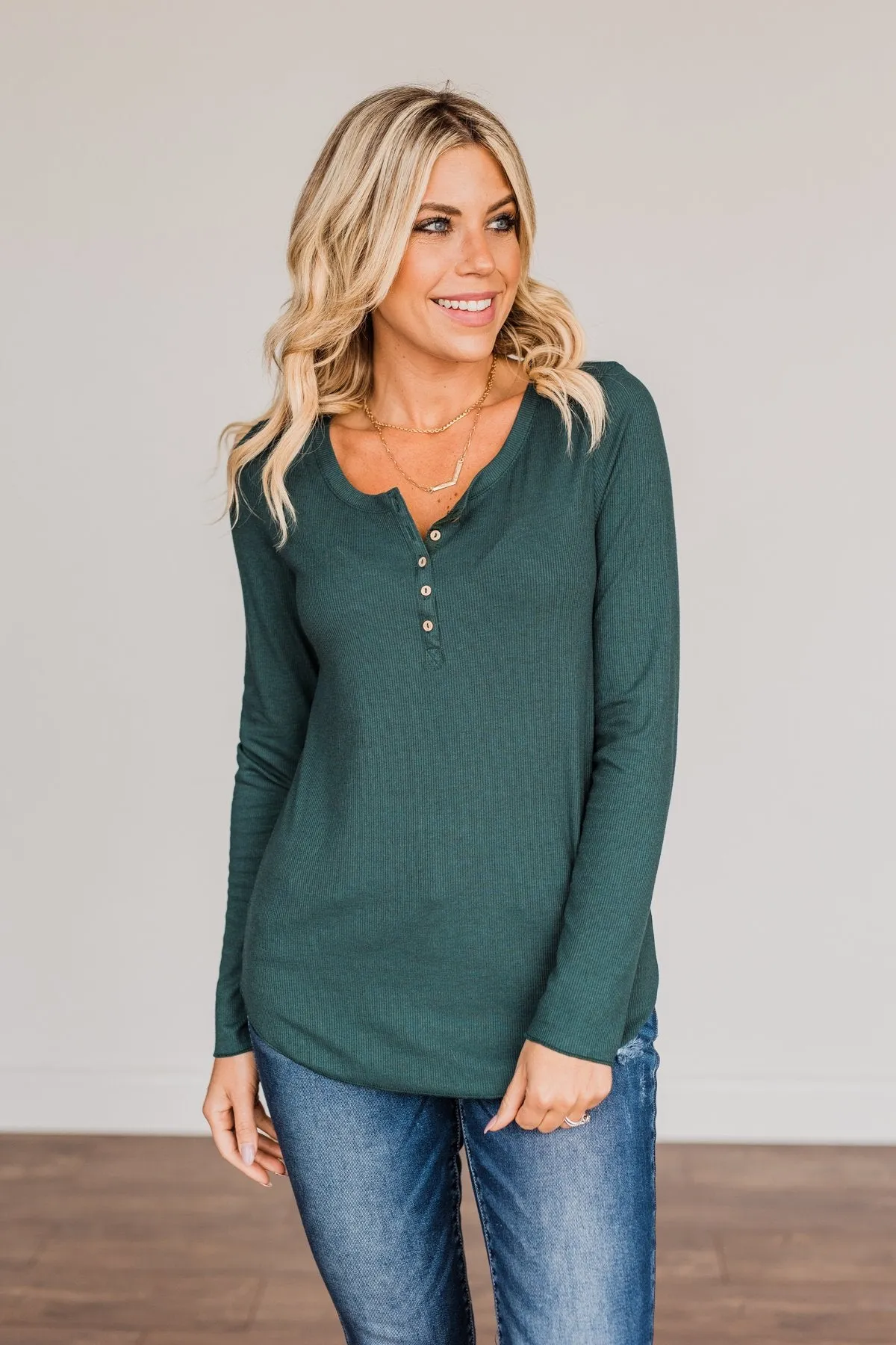 Rise To The Top Long Sleeve Henley Top- Wintergreen