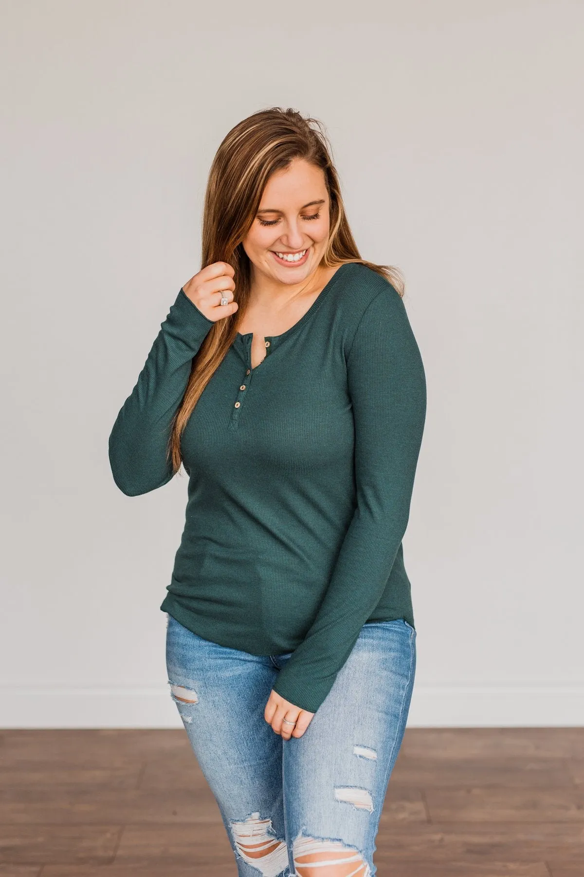 Rise To The Top Long Sleeve Henley Top- Wintergreen