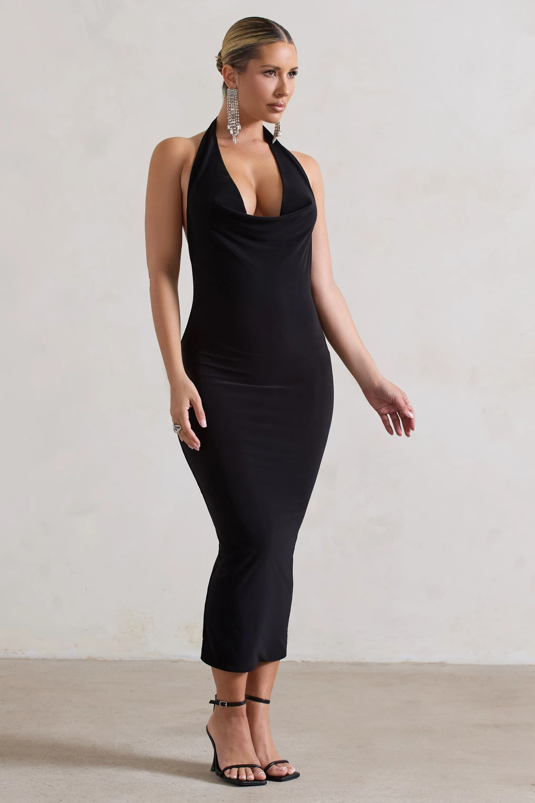 Roulette | Black Cowl-Neck Midi Dress