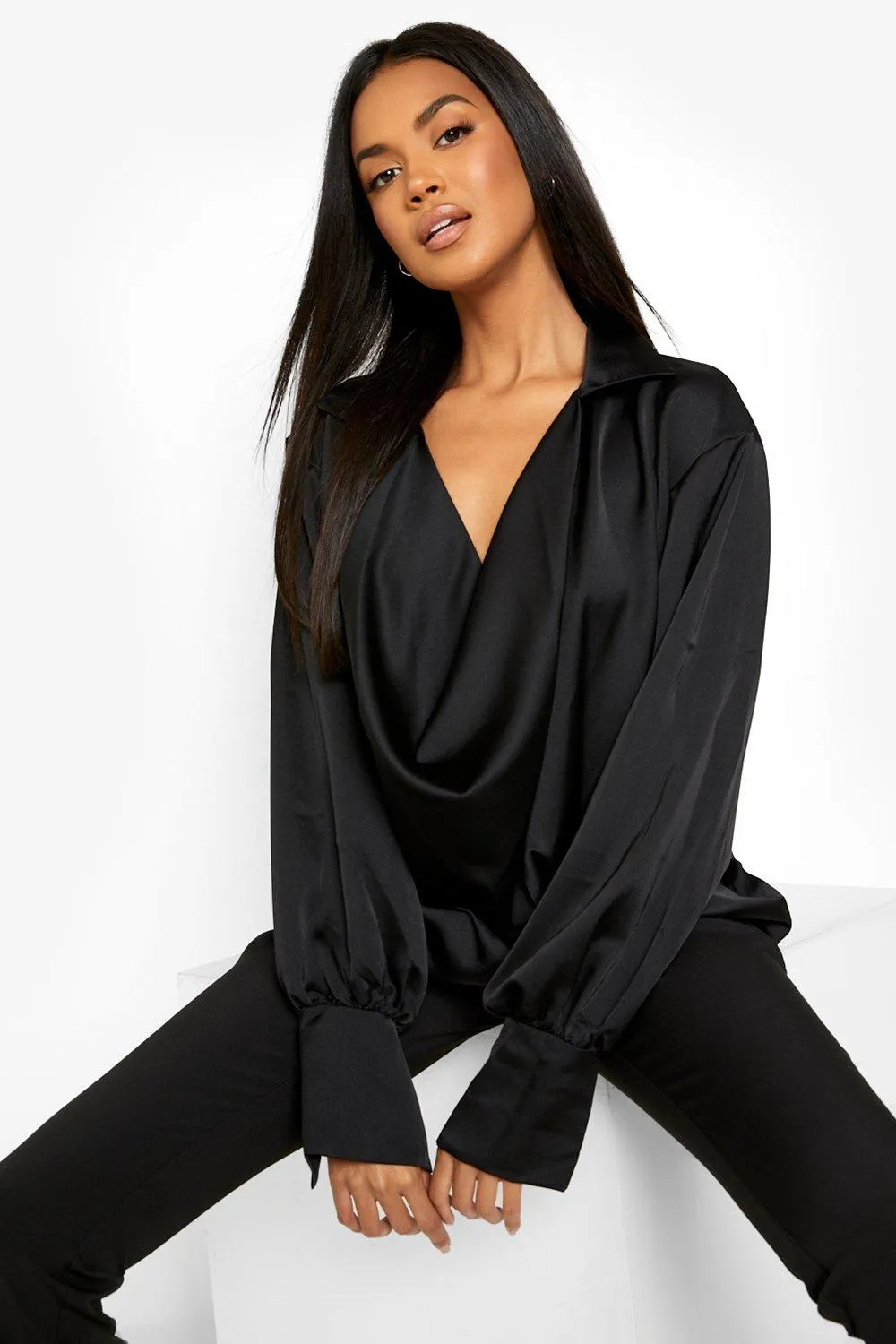 Satin Cowl Neck Oversized Cuff Shirt