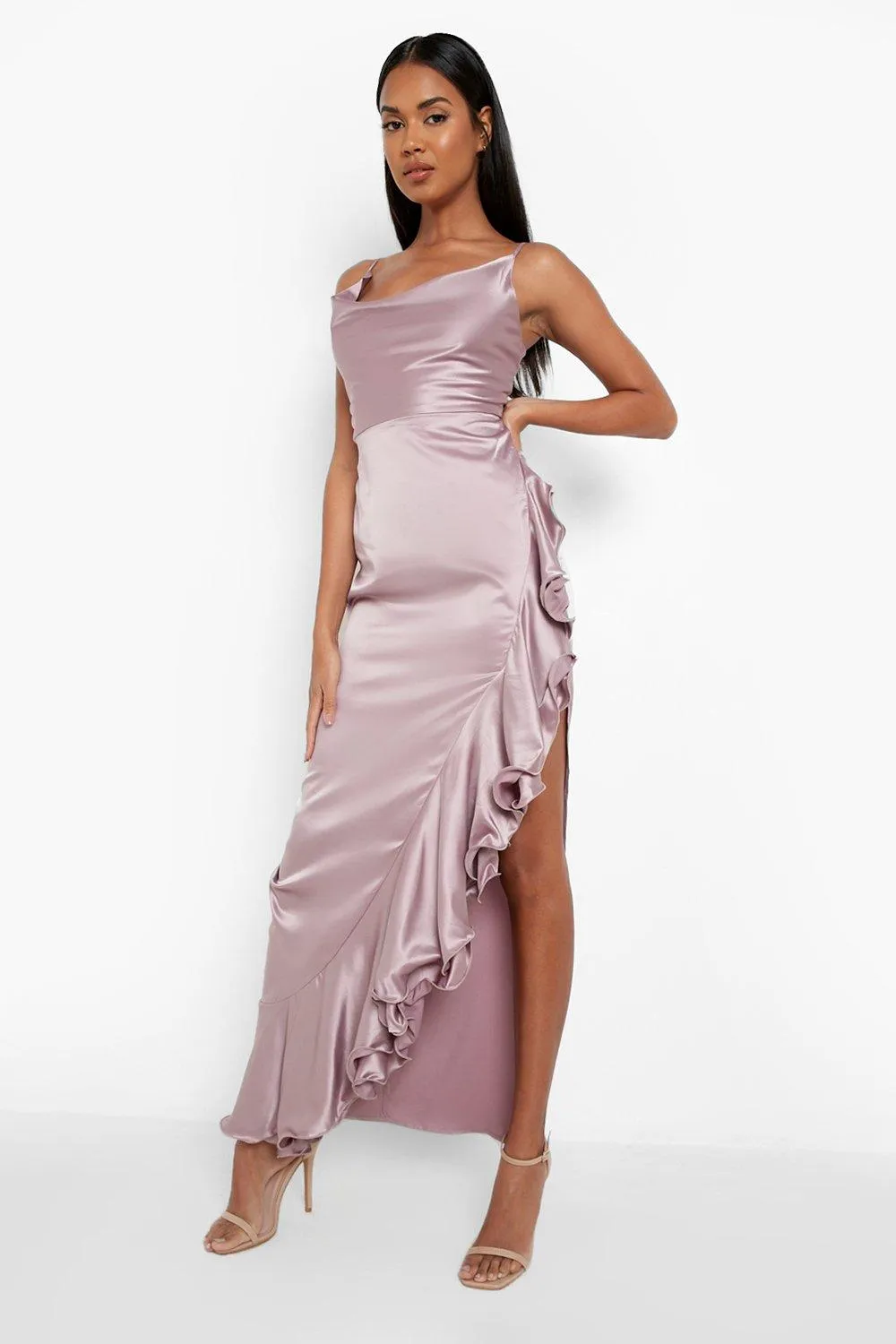 Satin Cowl Neck Ruffle Maxi Dress