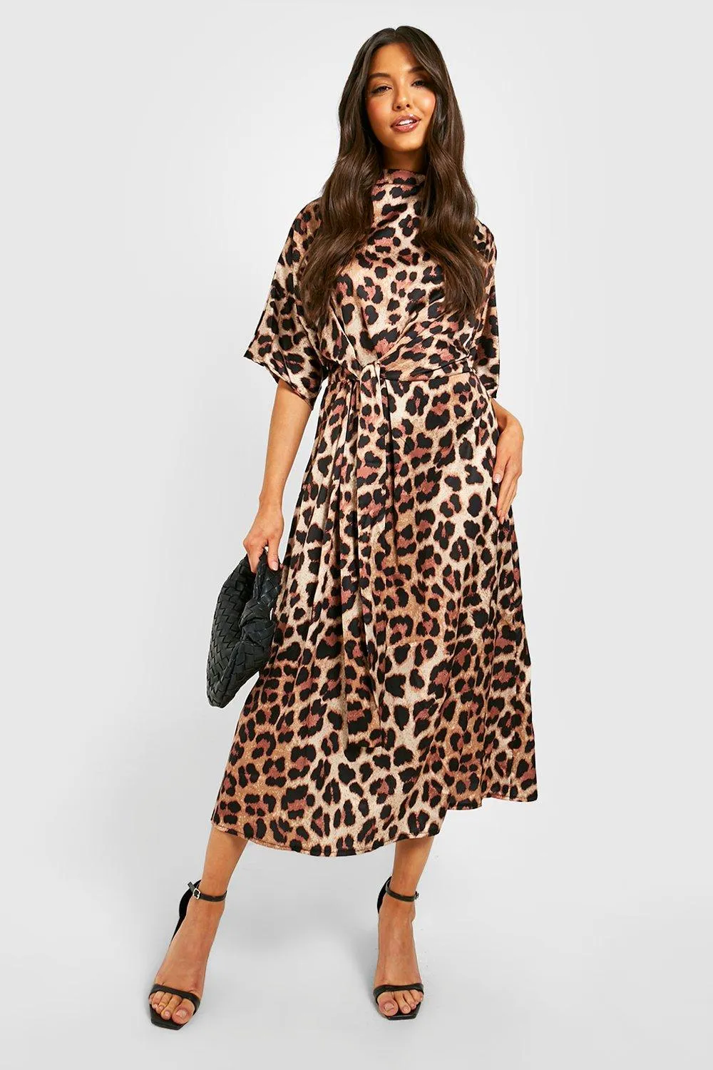 Satin Leopard Tie Front Cowl Neck Midi Dress