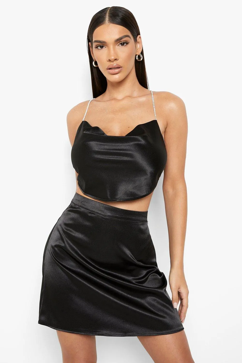 Satin Rhinestone Strap Cowl Cami & Mini Skirt