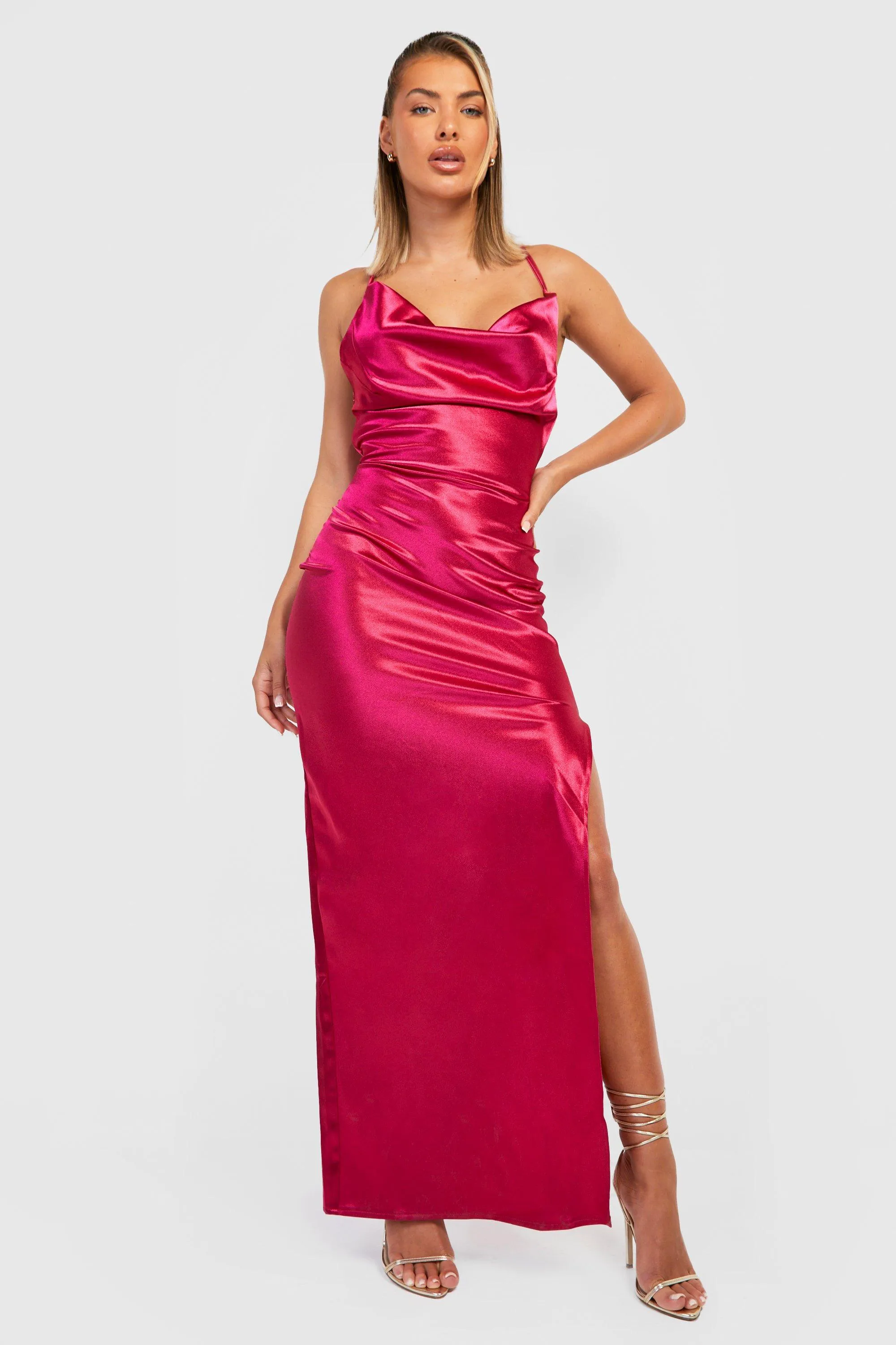 Satin Strappy Back Cowl Neck Maxi Dress