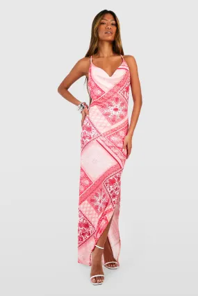 Scarf Print Cowl Neck Split Maxi Dress