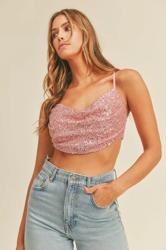 Sequin Front Cowl Neck Open Back Crop Top