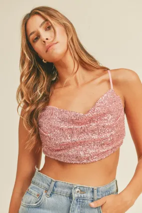 Sequin Front Cowl Neck Open Back Crop Top