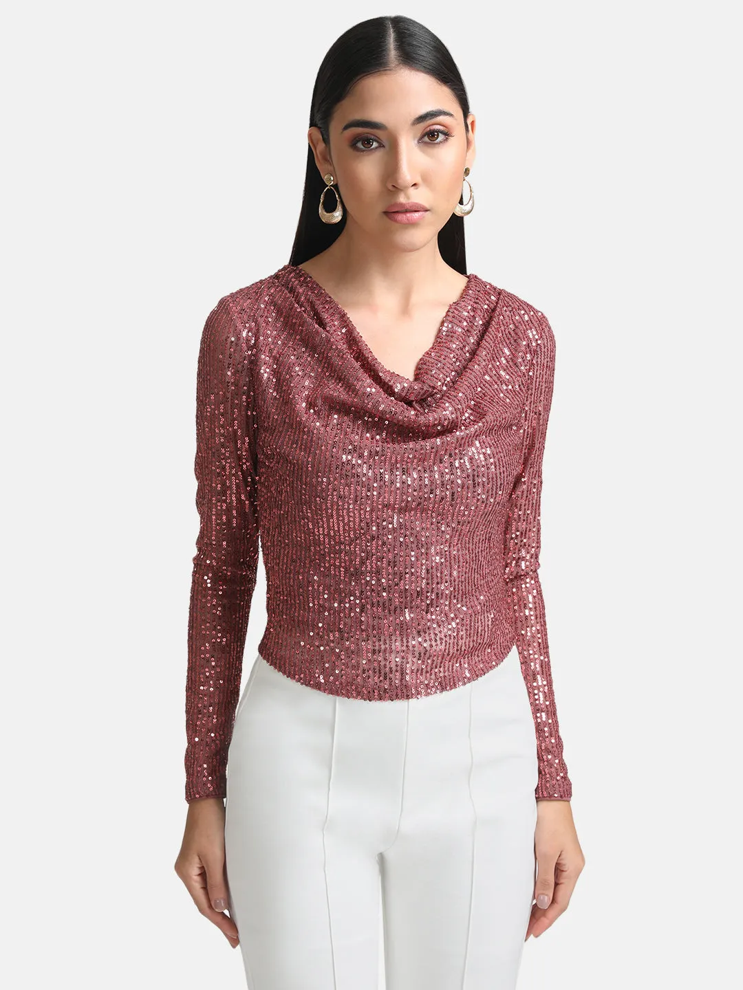 Sequin Top With Cowl Neck