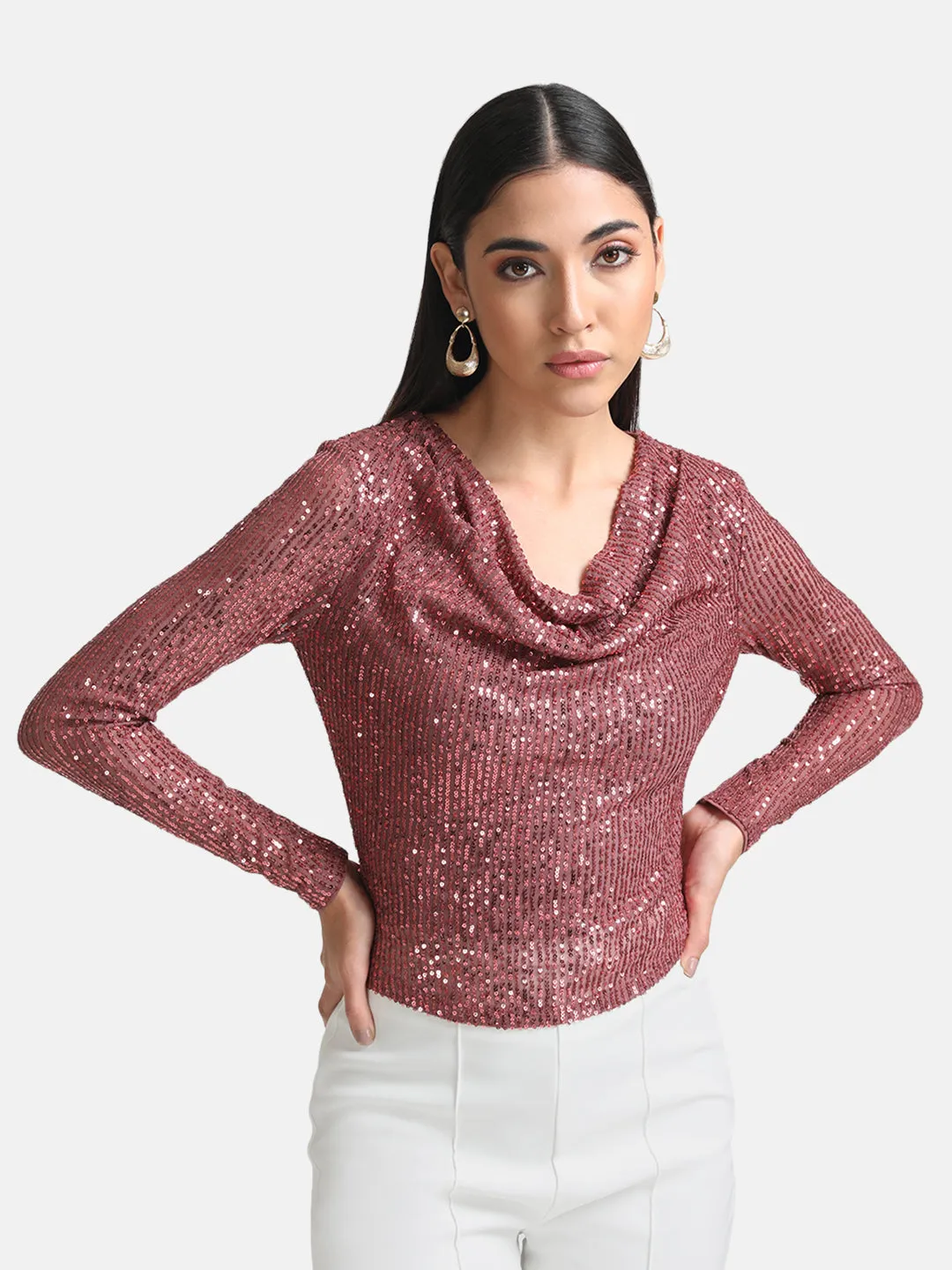 Sequin Top With Cowl Neck