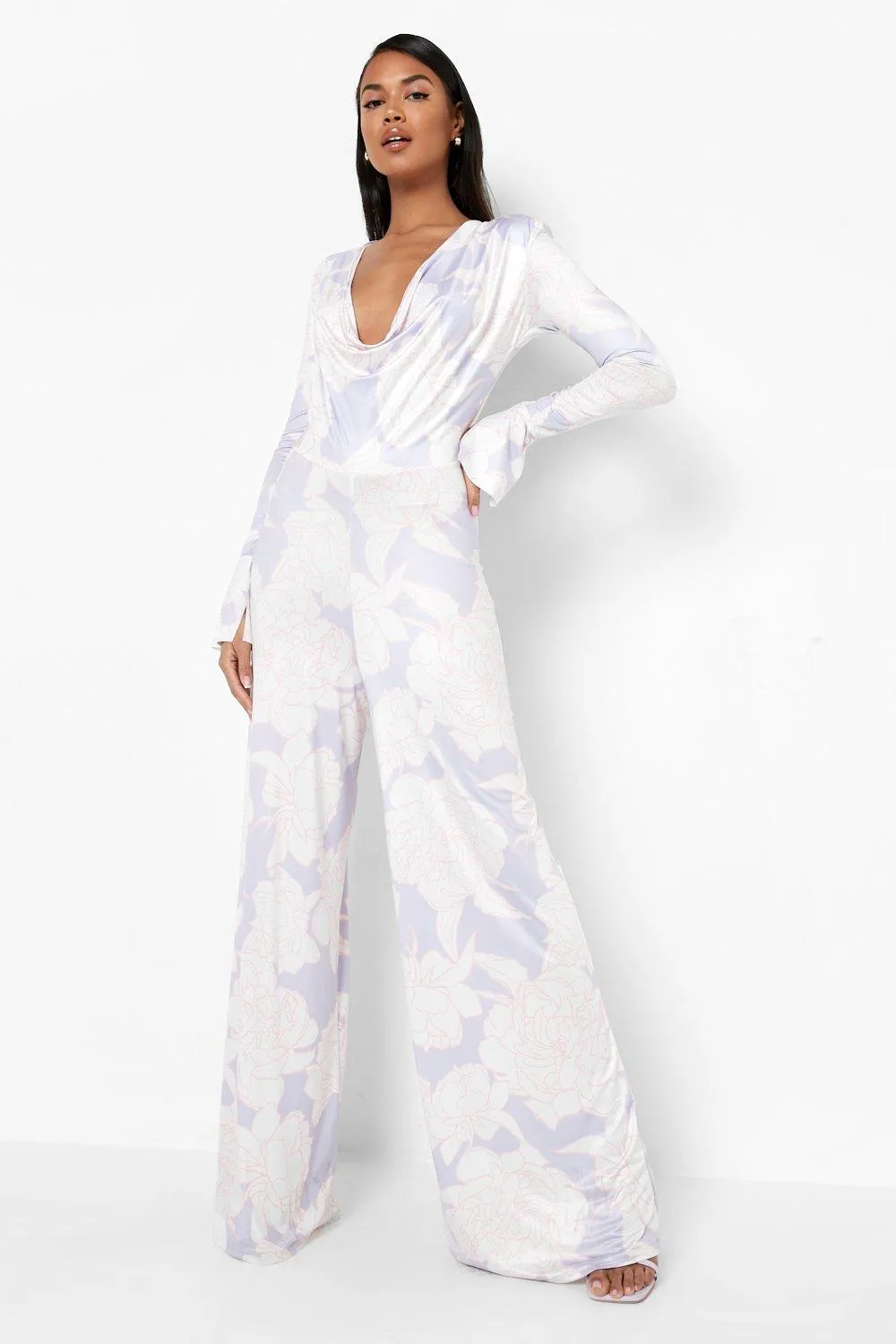 Slinky Cowl Neck Wide Leg Jumpsuit Floral