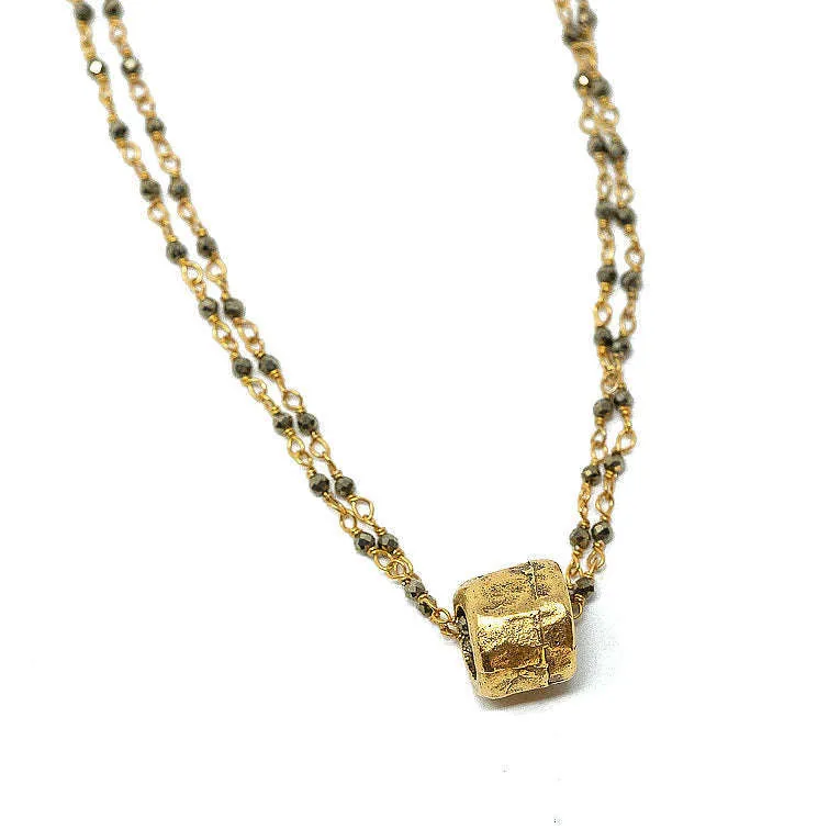 Small Gold Barrel on Double Pyrite Necklace