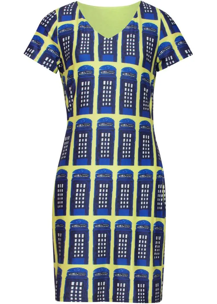 Smashed Lemon Who? Telephone 60's Pencil Dress Yellow Blue