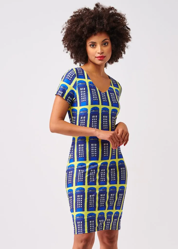 Smashed Lemon Who? Telephone 60's Pencil Dress Yellow Blue