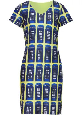 Smashed Lemon Who? Telephone 60's Pencil Dress Yellow Blue