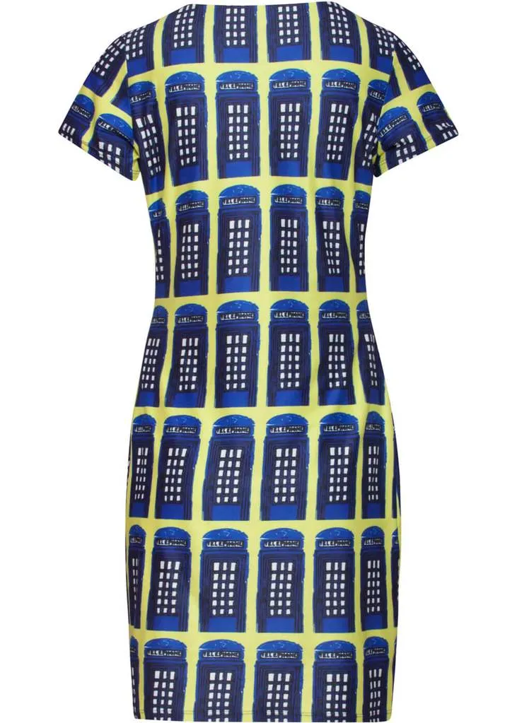 Smashed Lemon Who? Telephone 60's Pencil Dress Yellow Blue