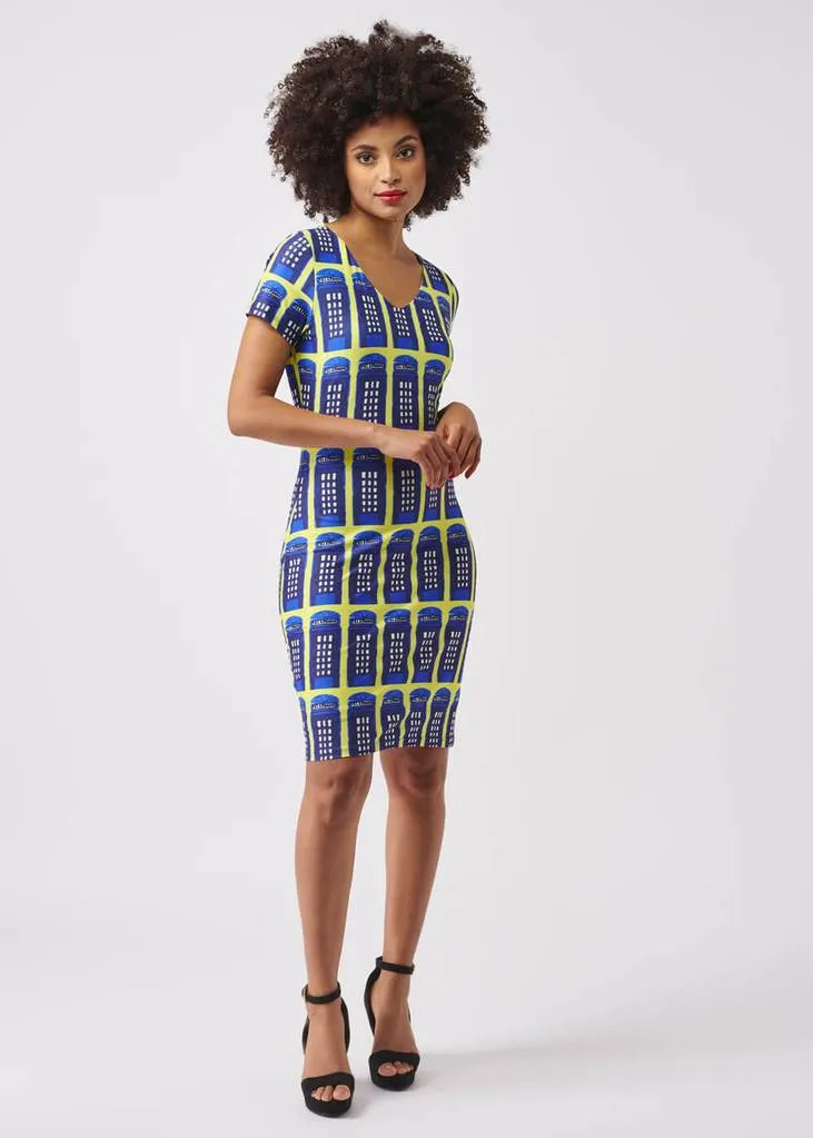 Smashed Lemon Who? Telephone 60's Pencil Dress Yellow Blue