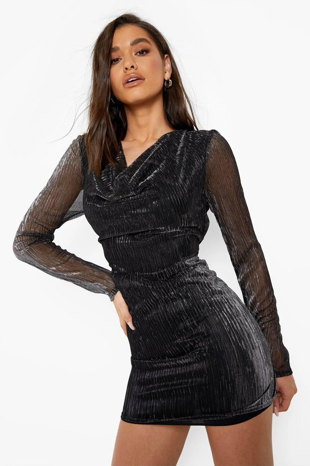 Sparkle Mesh Cowl Neck Mini Dress