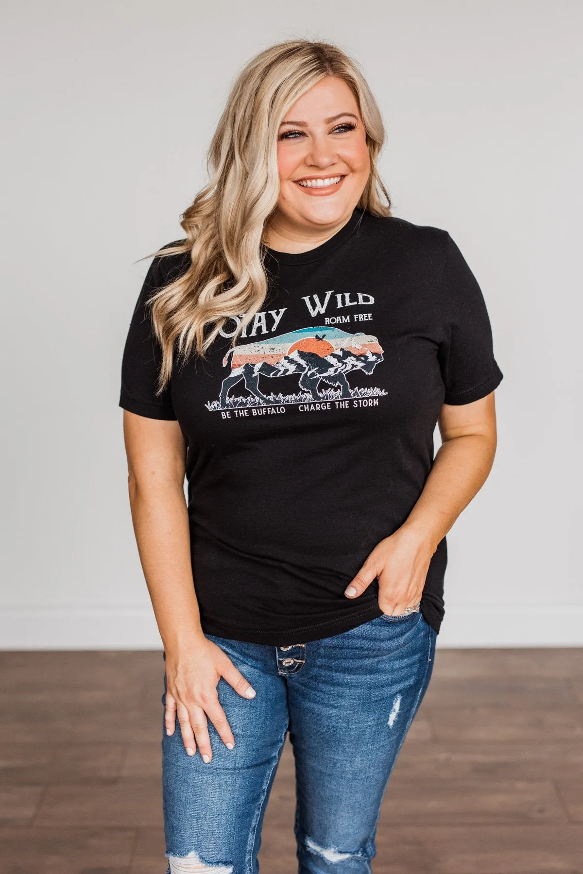 Stay Wild. Roam Free Buffalo Graphic Tee- Black