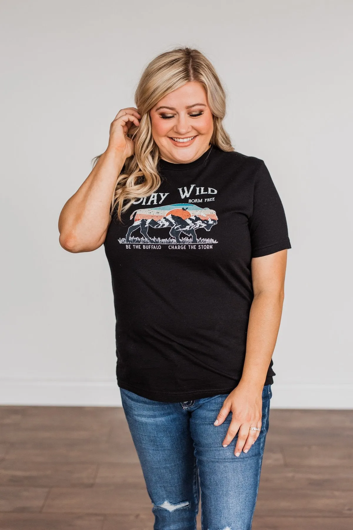 Stay Wild. Roam Free Buffalo Graphic Tee- Black