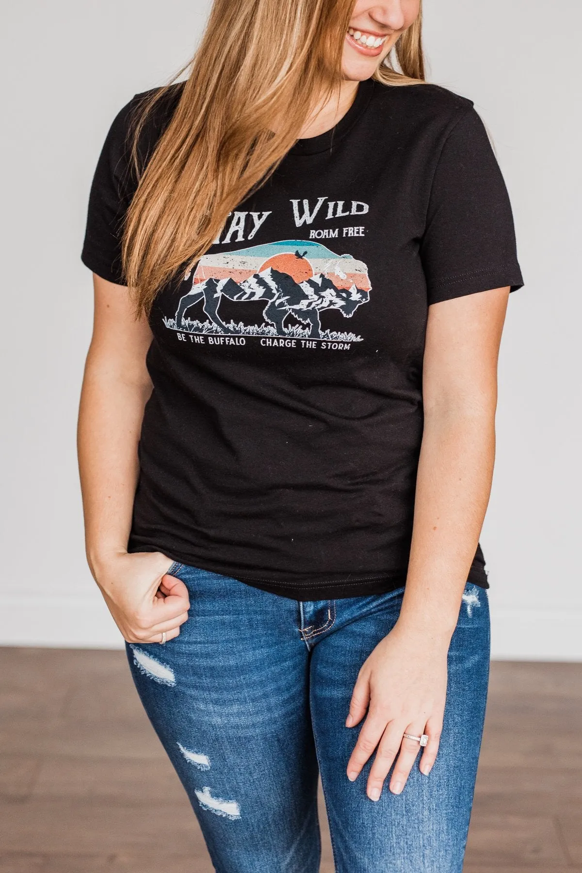 Stay Wild. Roam Free Buffalo Graphic Tee- Black