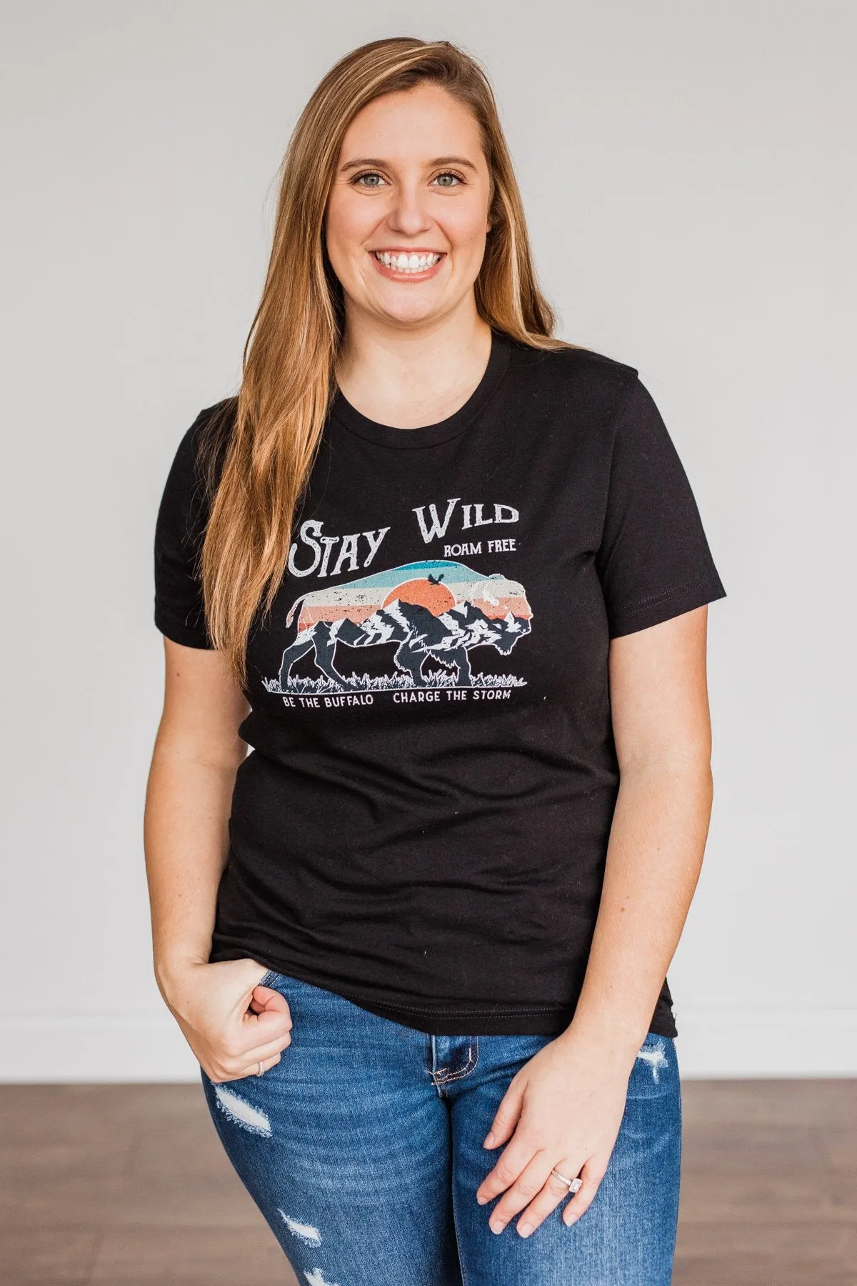 Stay Wild. Roam Free Buffalo Graphic Tee- Black