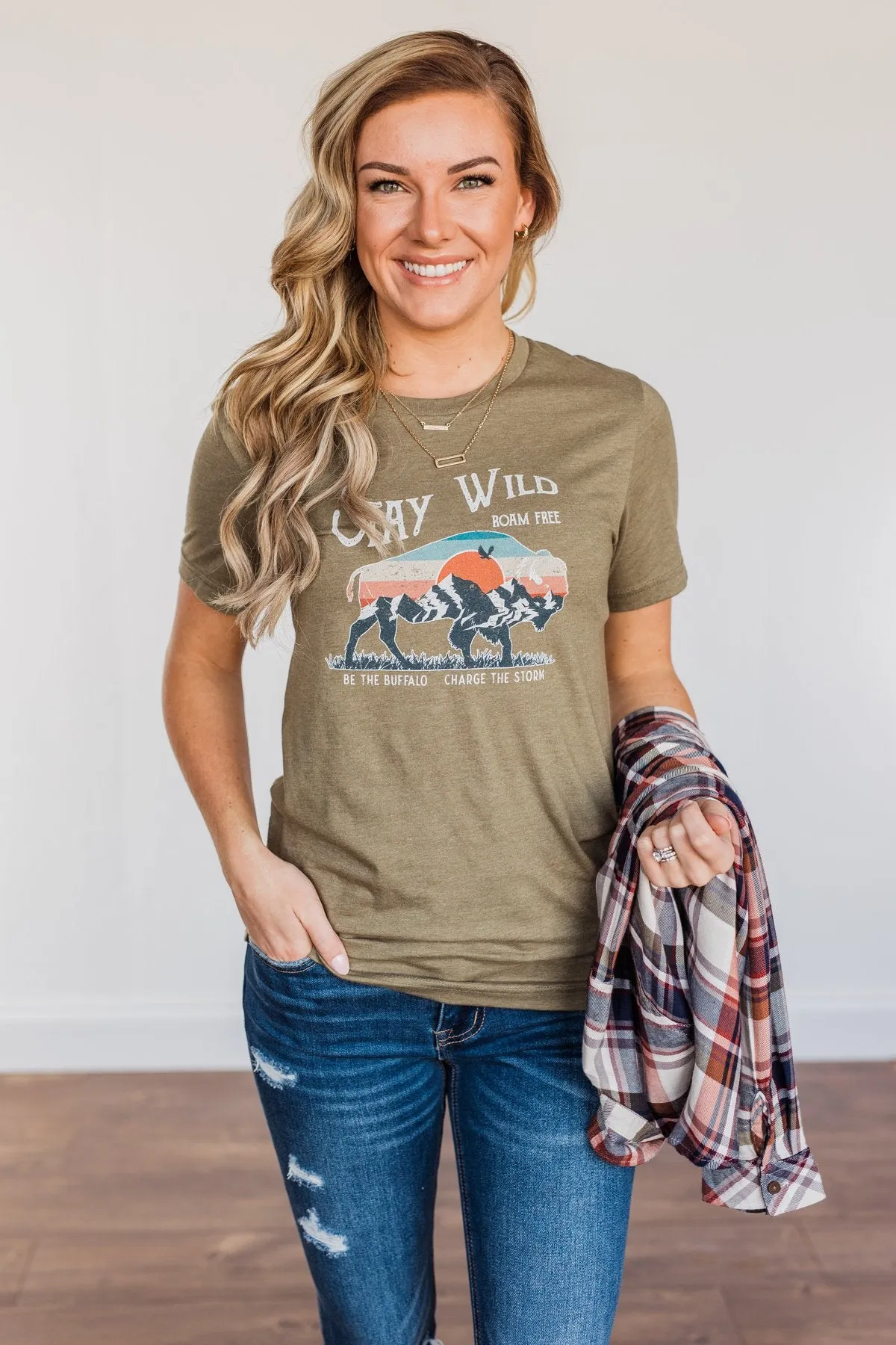 Stay Wild. Roam Free Buffalo Graphic Tee- Olive