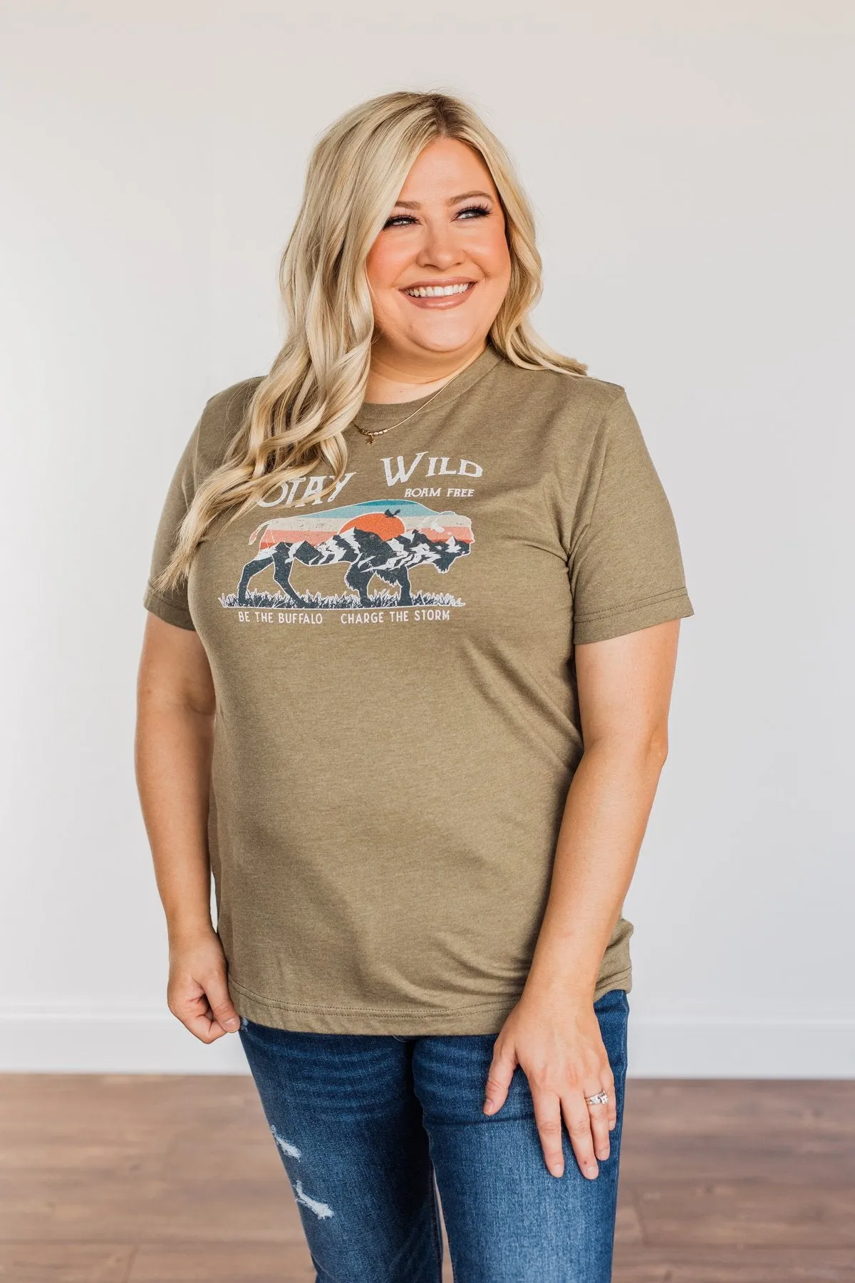 Stay Wild. Roam Free Buffalo Graphic Tee- Olive