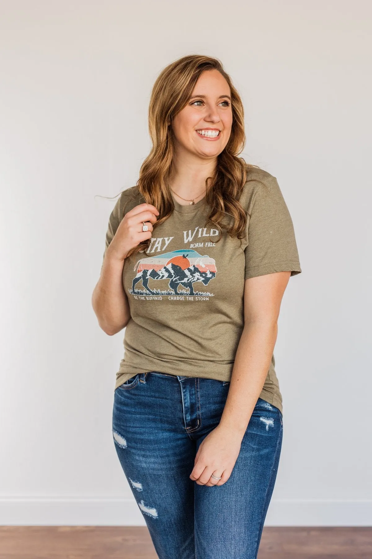 Stay Wild. Roam Free Buffalo Graphic Tee- Olive