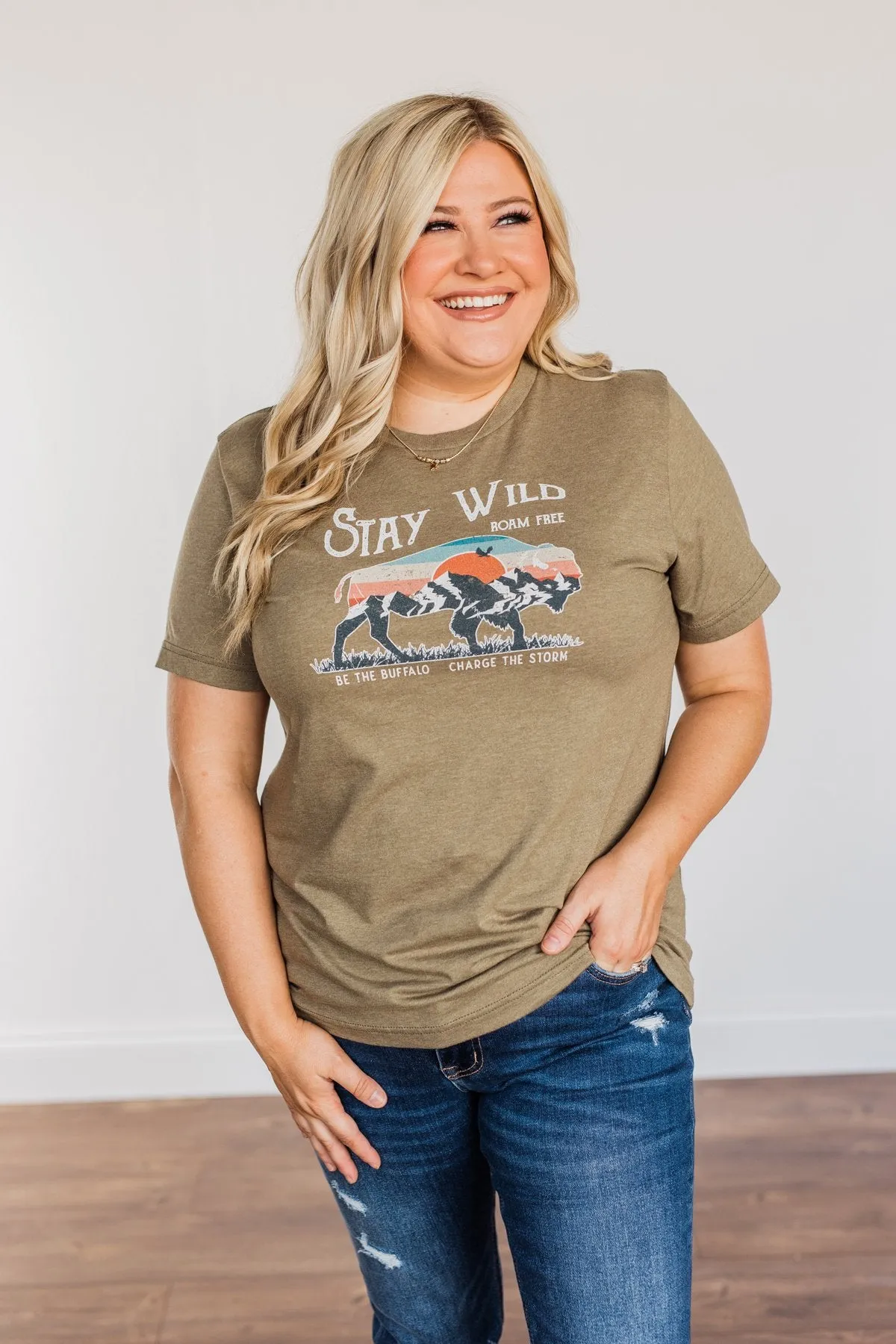 Stay Wild. Roam Free Buffalo Graphic Tee- Olive